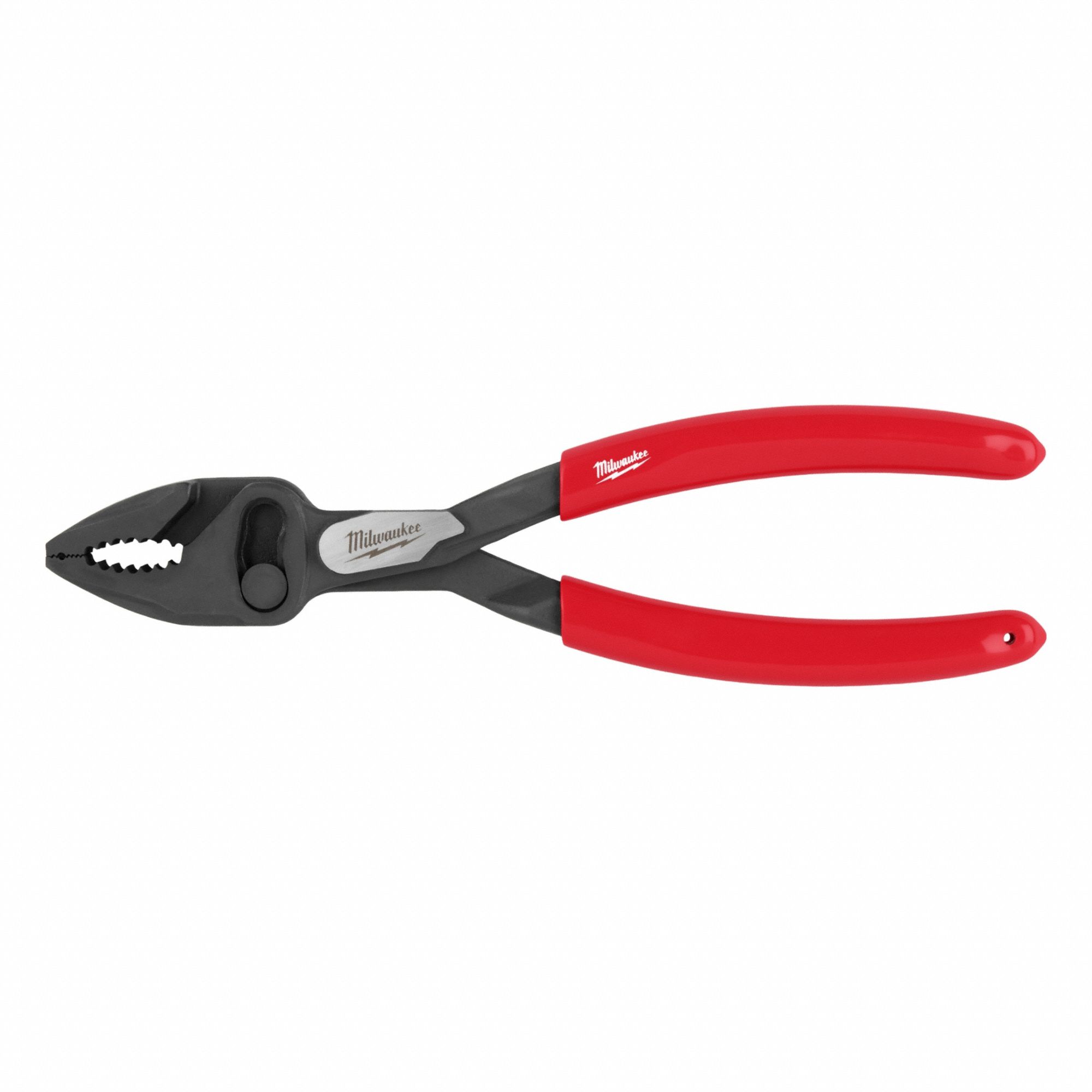 Slip Joint Pliers: Tether Ready, 2 1/2 in Max Jaw Opening, 8 in Overall Lg, 1 1/4 in Jaw Lg