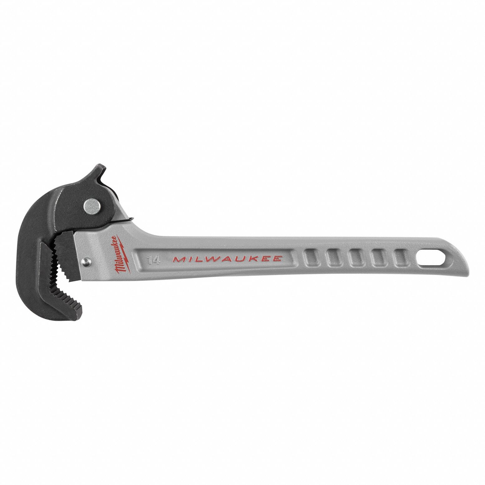 Pipe Wrench: Aluminum, 2 in Jaw Capacity, Serrated, 13 23/50 in Overall Lg, Ergonomic