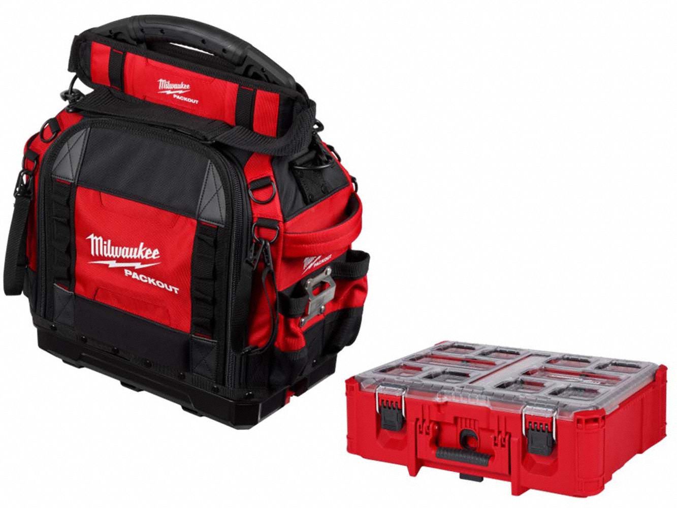 MILWAUKEE PACKOUT Tool Bag Kit: 10 in W x 16 in D x 19 3/4 in H, Polyester, Black/Red (MPN 48-22-8316, 48-22-8432). Key specifications — attr1120376: MILWAUKEE; attr1120463: Polyester; attr1120464: Red; attr1120343: Removable Shoulder Strap.
