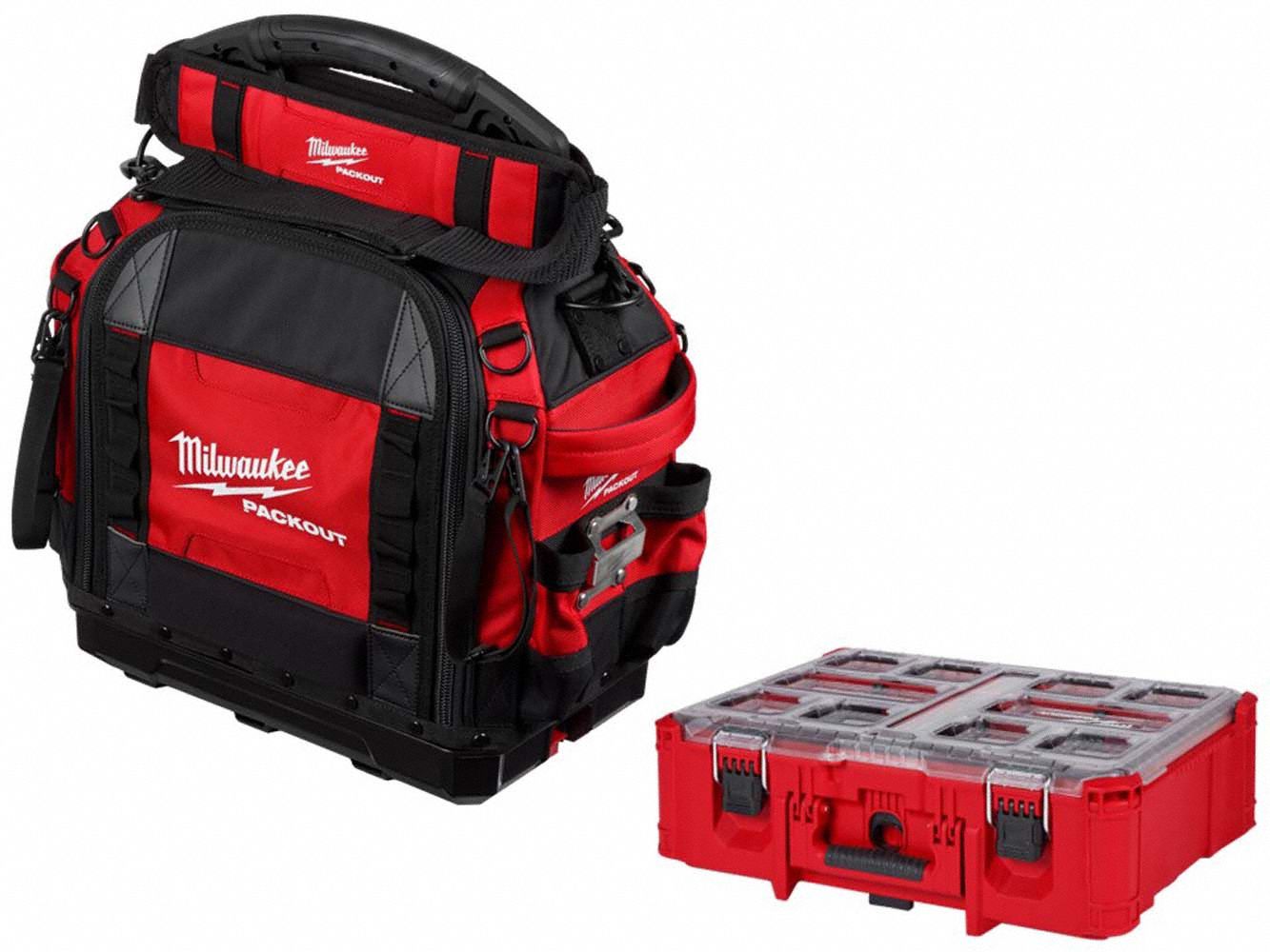 MILWAUKEE PACKOUT Tool Bag Kit: 10 in W x 16 in D x 19 3/4 in H, Polyester, Black/Red (MPN 48-22-8316, 48-22-8432). Key specifications — attr1120376: MILWAUKEE; attr1120463: Polyester; attr1120464: Red; attr1120343: Removable Shoulder Strap.