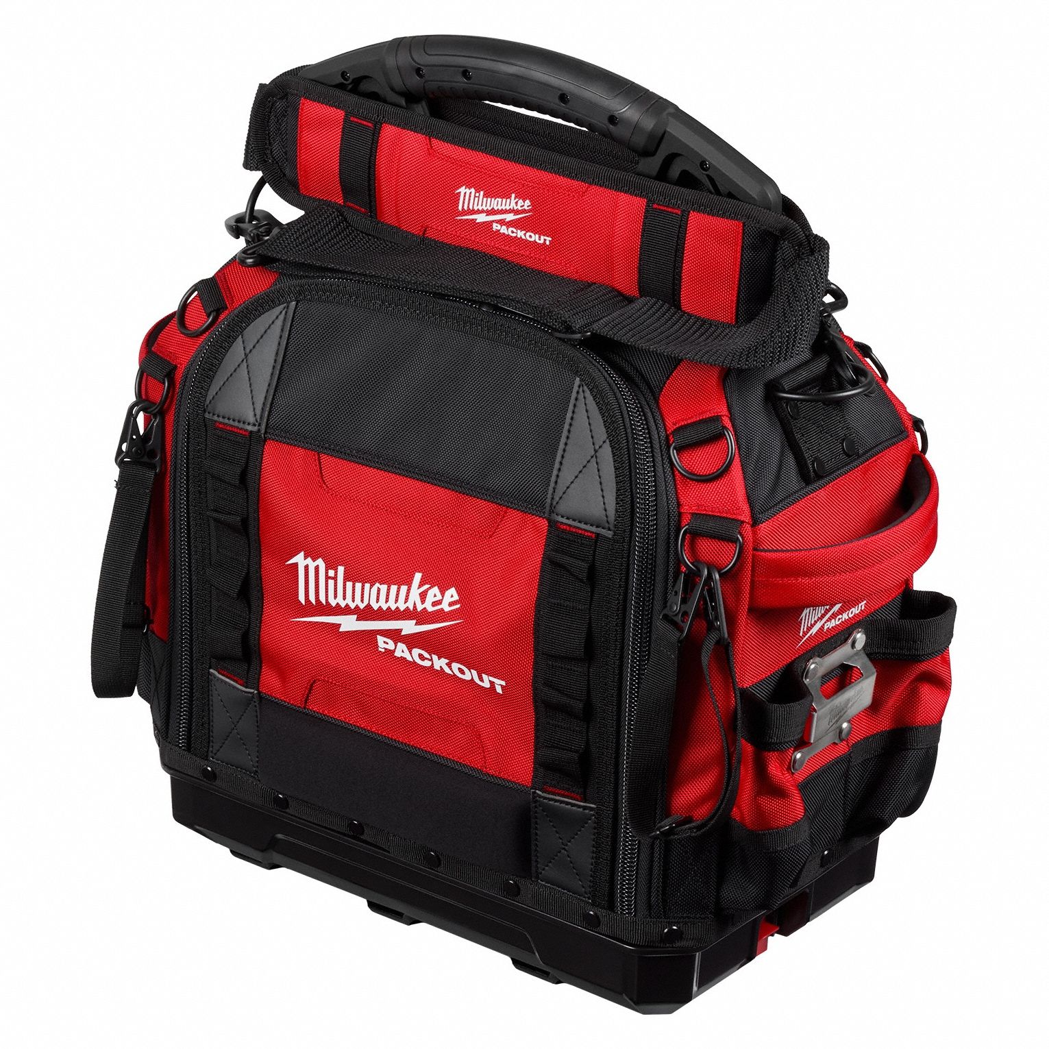 Tool Bag: 10 in W x 16 in D x 19 3/4 in H, Polyester, Black/Red, 57 Inside Pockets