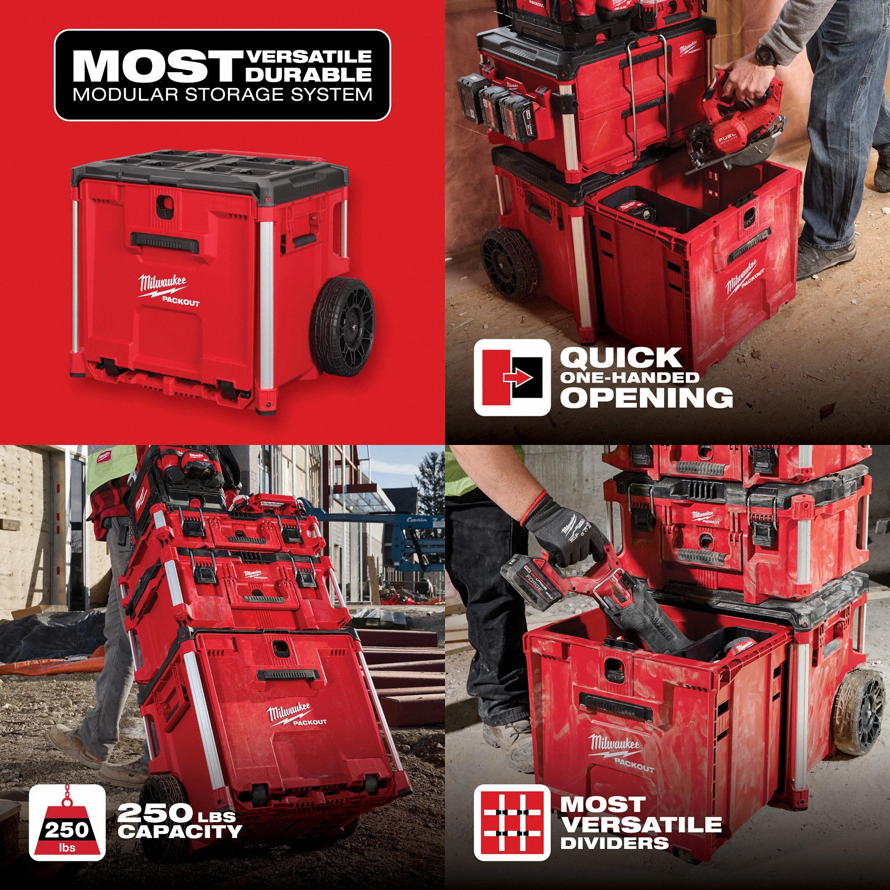 MILWAUKEE PACKOUT Tool Box: Polypropylene, Black/Red, 24 in W x 20 in H x 19 in D (MPN 48-22-8420). Key specifications — attr1117293: MILWAUKEE; attr1117382: Polypropylene; attr1117383: Red.