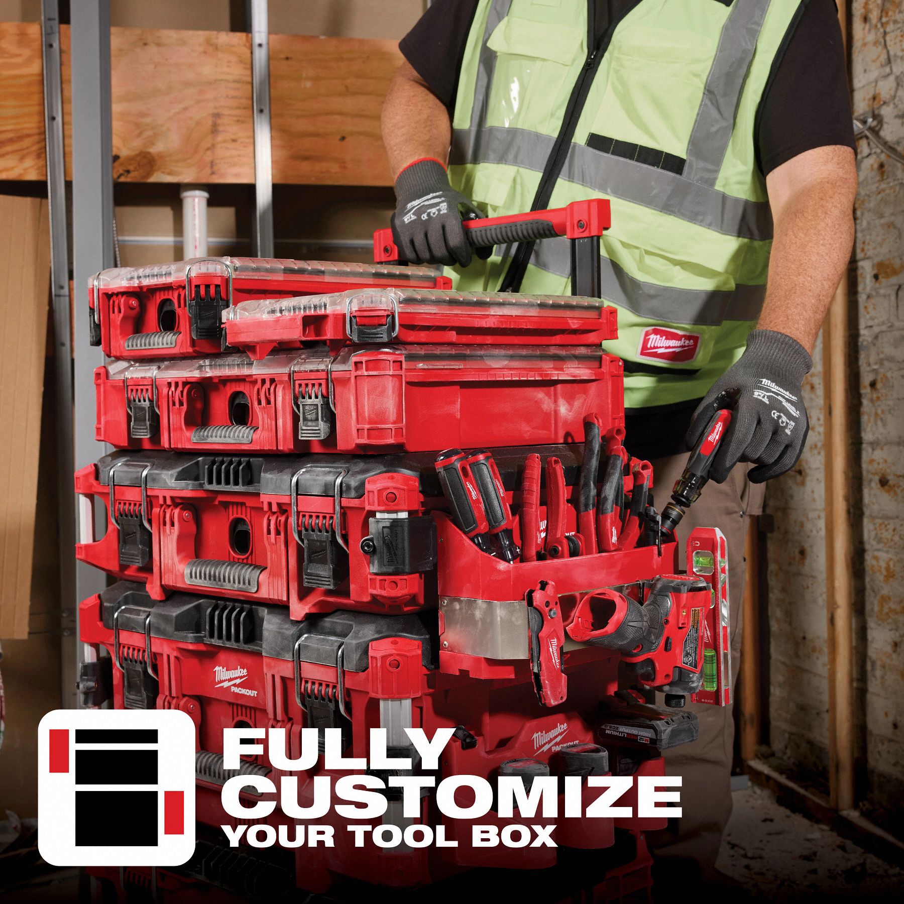 MILWAUKEE PACKOUT Tool Box Caddy Attachment: 5 1/2 in W x 6 in H x 16 13/16 in L, Polypropylene, Red (MPN 48-22-8602). Key specifications — attr1120120: Impact-Resistant; attr1120130: MILWAUKEE; attr1120217: Polypropylene; attr1120218: Red; attr1126375: Tool Cases.