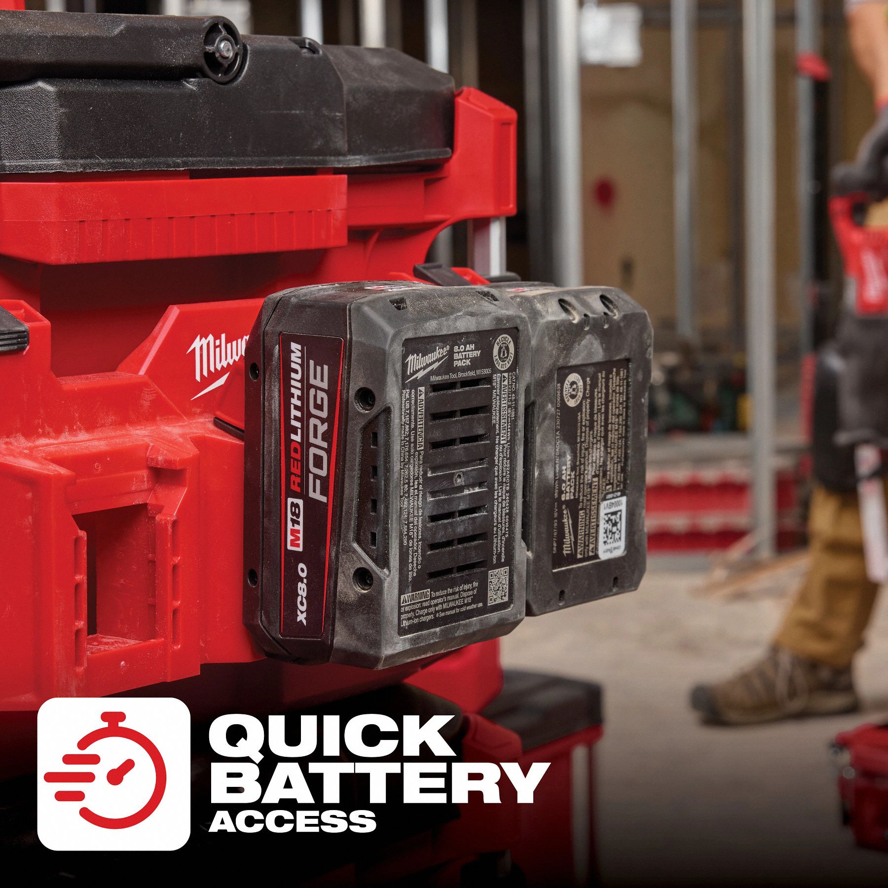MILWAUKEE PACKOUT Tool Box Battery Rack Attachment: 3 5/16 in W x 5 3/16 in H x 16 13/16 in L, Red (MPN 48-22-8603). Key specifications — attr1120120: Impact-Resistant; attr1120130: MILWAUKEE; attr1120217: ABS Plastic; attr1120218: Red; attr1126375: Tool Cases.