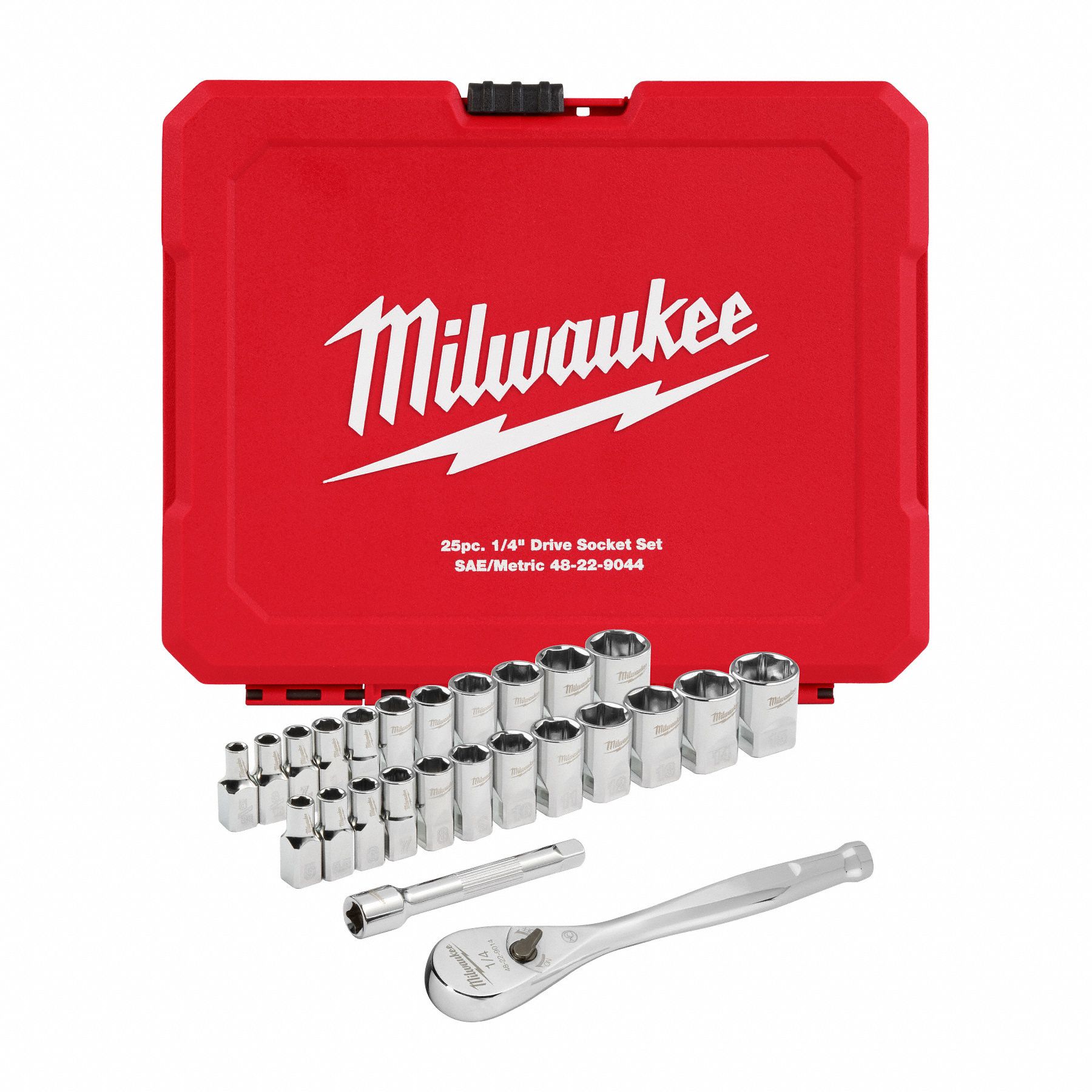 MILWAUKEE Socket Set: 1/4 in Drive, 25 Piece, 6-Point, Metric/SAE, 5/32 in to 9/16 in/5 mm to 15 mm (MPN 48-22-9044). Key specifications — attr1224269: 1/4 in; attr1204638: Drive Tools Included; attr1204650: 5/32 in to 9/16 in; attr1204673: Socket Bits Not Included; attr1204681: Wrenches Not Included; attr1204688: MILWAUKEE; attr1224230: Friction; attr1206170: Drive Tools.