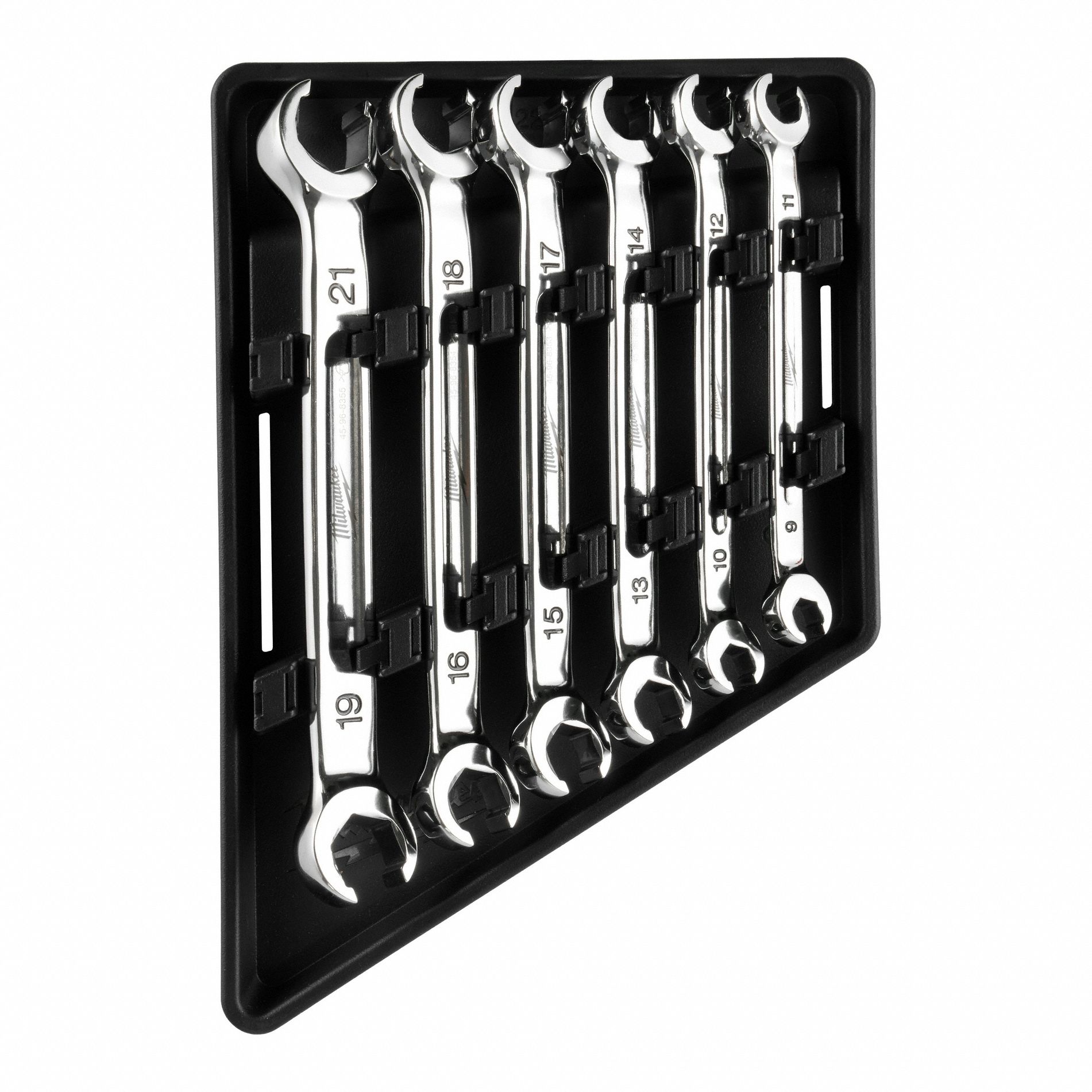 Flare Nut Wrench Set: Steel, Chrome, 6 Tools, 9 mm to 21 mm Range of Head Sizes