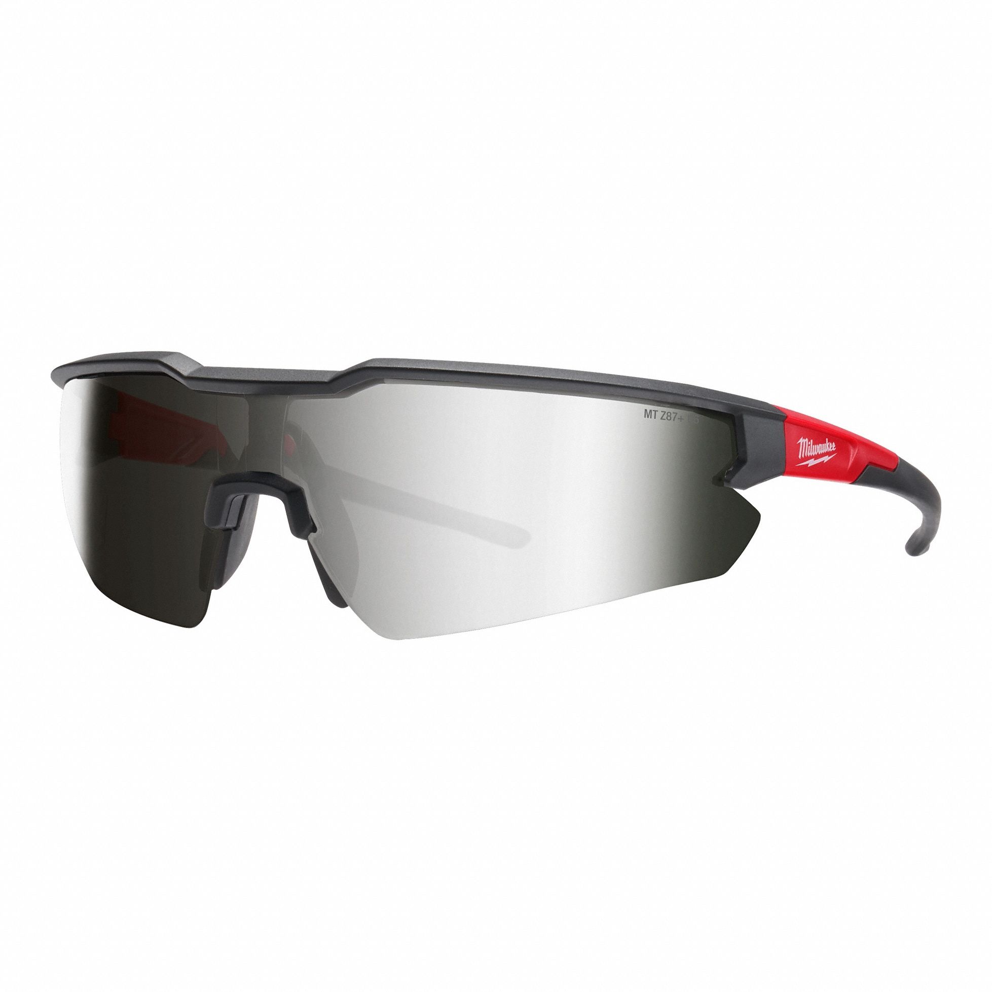 Safety Glasses: Silver Lens, Half-Frame, Anti-Fog, Black/Red Frame