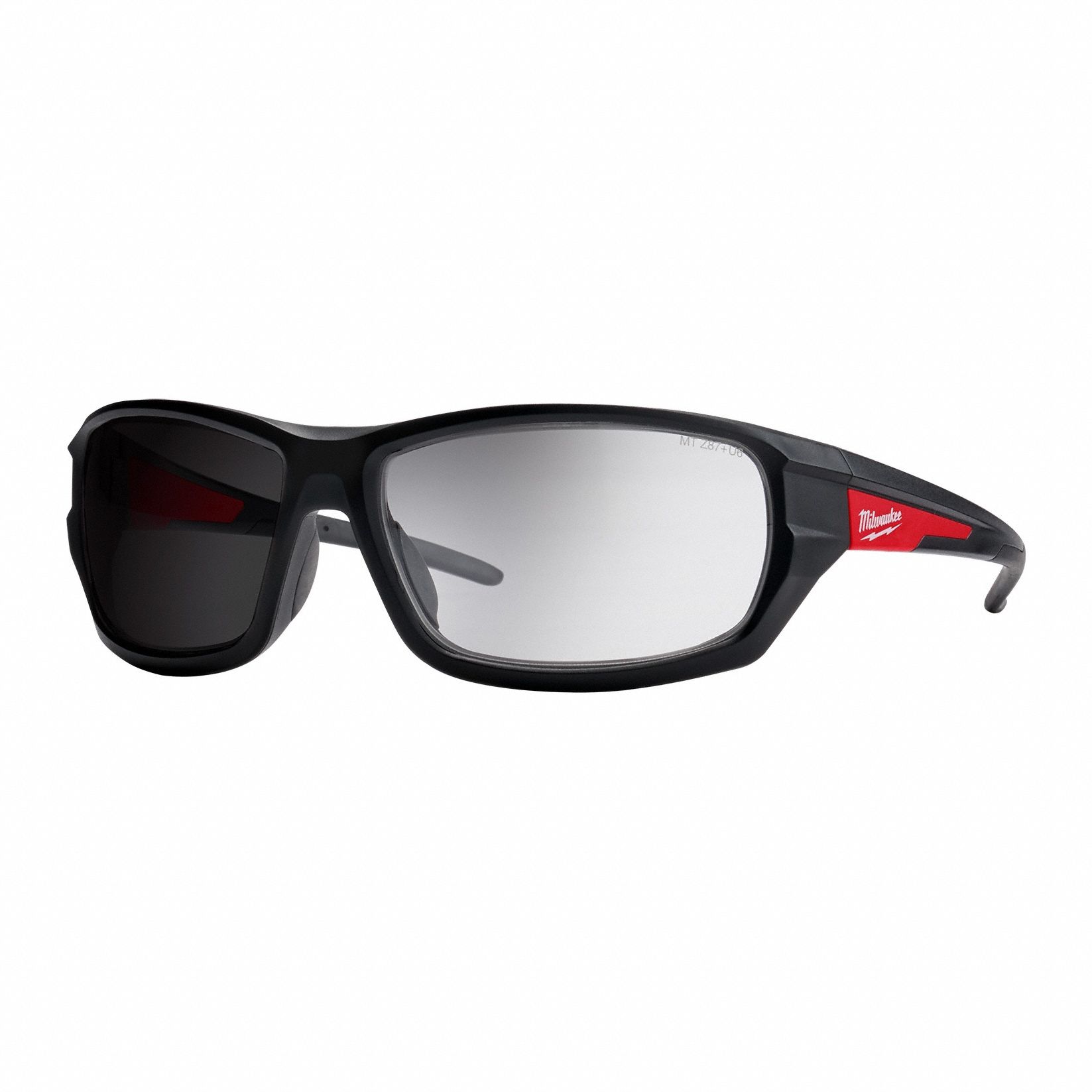 Safety Glasses: Clear Lens, Full-Frame, Scratch-Resistant, Black/Red Frame