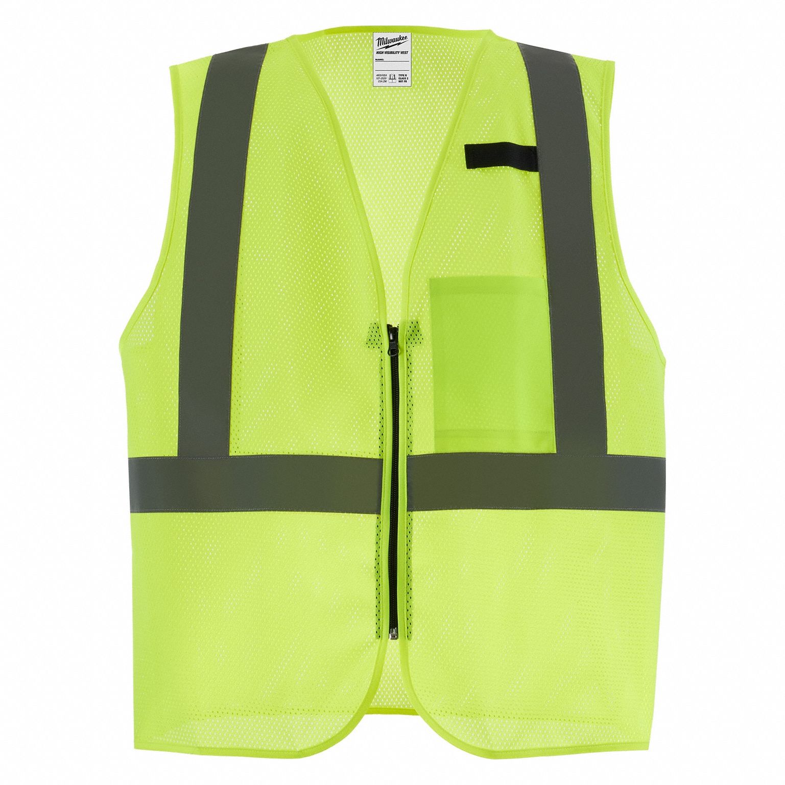 Mesh Safety Vest: ANSI Class 2, U, 2XL/3XL, Yellow, Mesh Polyester, Zipper, Single