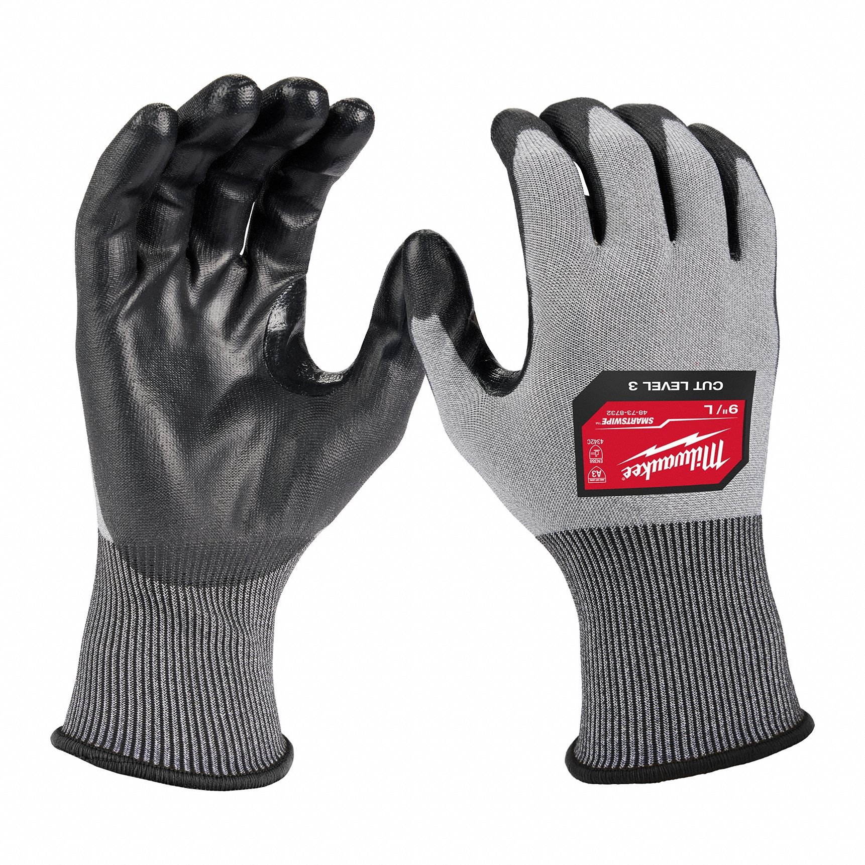 Work Gloves: L ( 9 ), ANSI Cut Level A3, Palm, Dipped, Polyurethane, Smooth, 1 PR