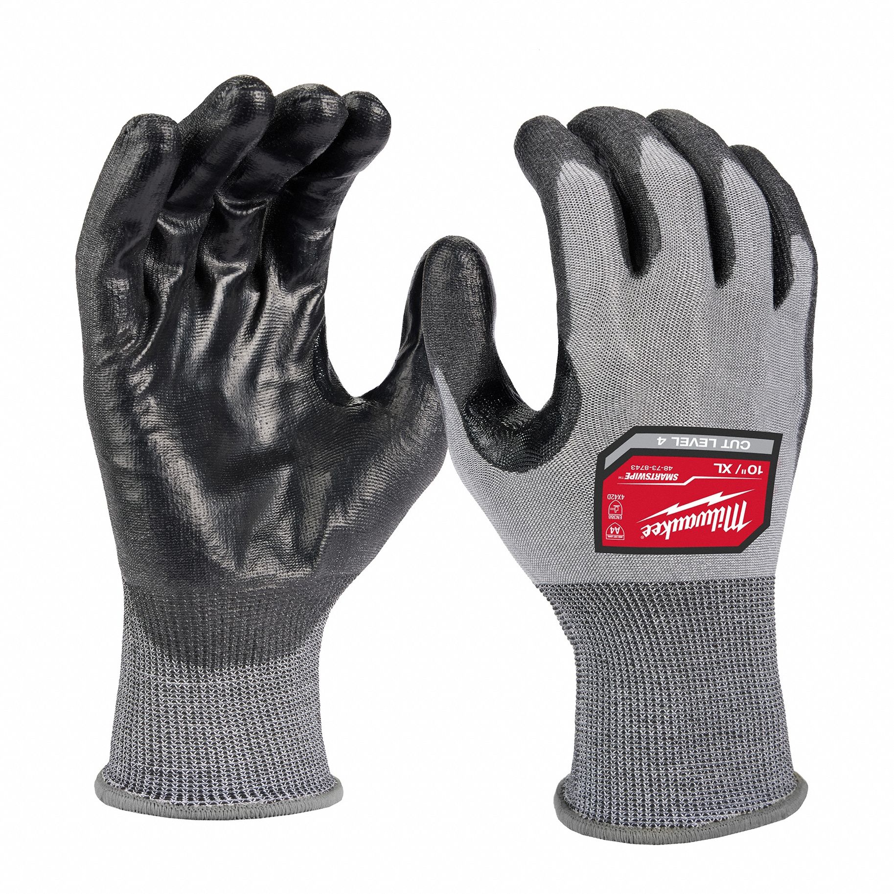 Work Gloves: XL ( 10 ), ANSI Cut Level A4, Palm, Dipped, Polyurethane, Polyester ( 18 ga )