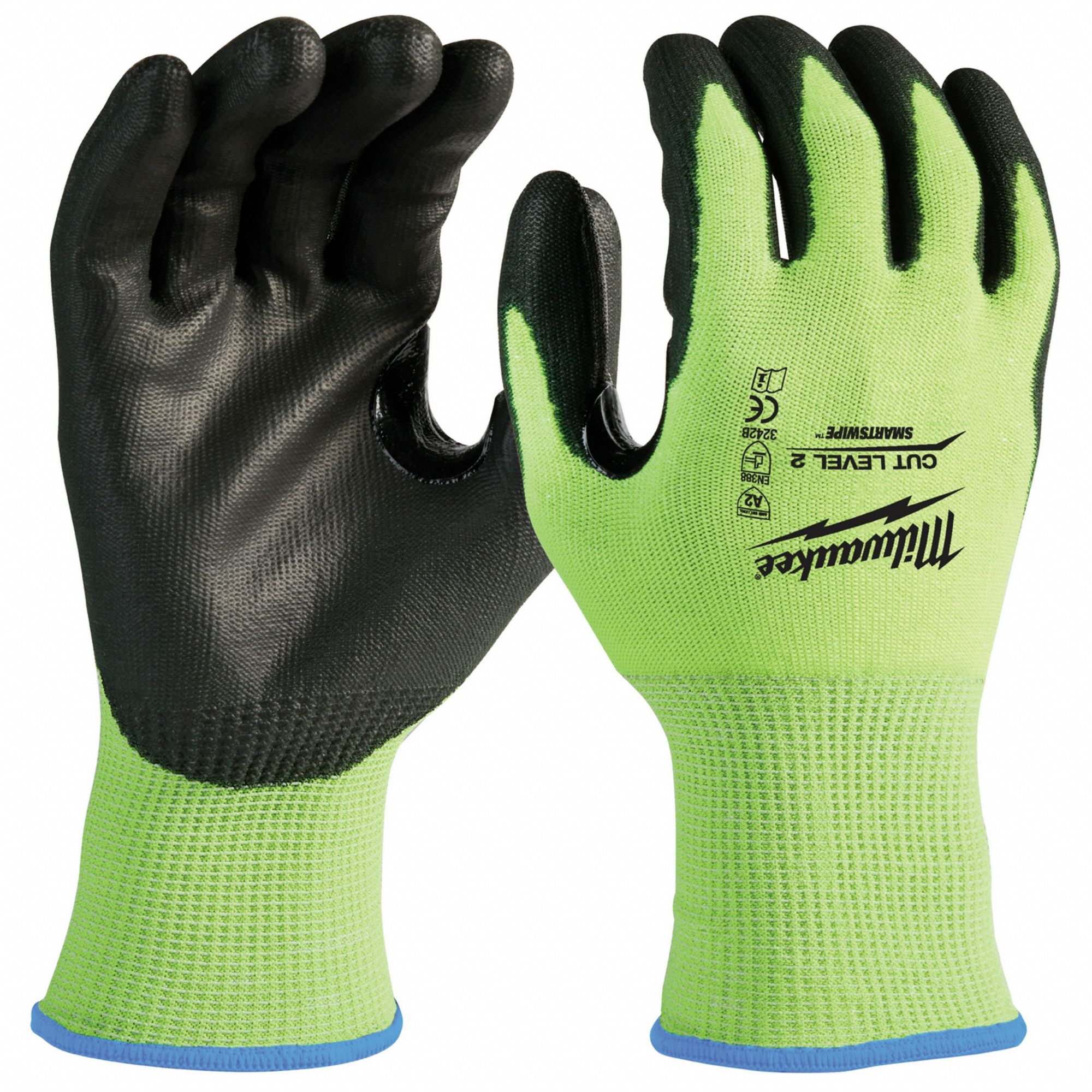 HI-VIS CUT LEVEL-2 POLYURETHANE DIPPED GLOVES, L, YLW, 9.6 IN, 15 GA