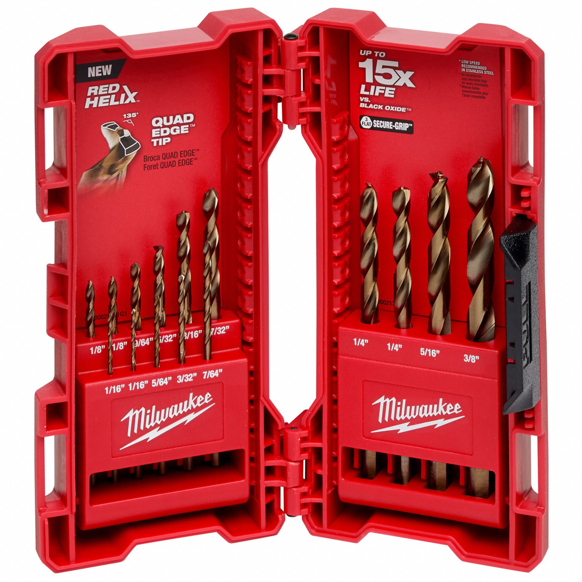 MILWAUKEE, 3/8 in Smallest Drill Bit Size, 1/16 in Largest Drill Bit Size,  Hex Shank Drill Set - 45KM95