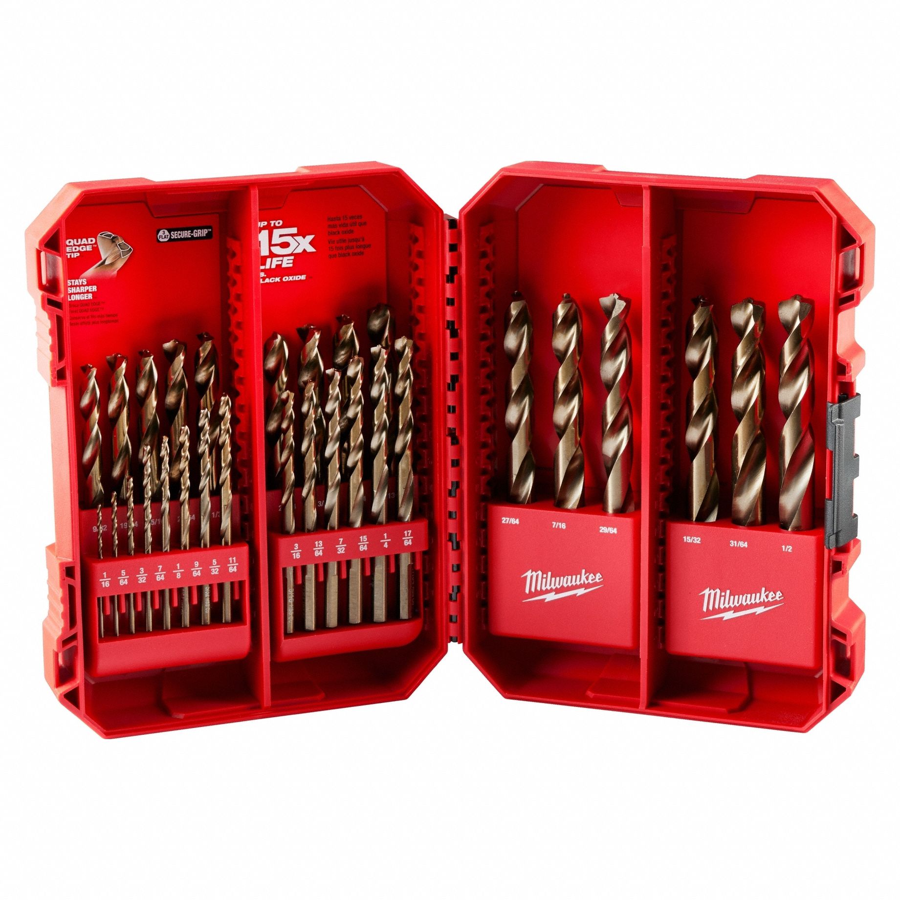 Jobber Length Drill Bit Set: 29 Pc, 1/16" to 1/2" by 64ths, 135° Point, Cobalt