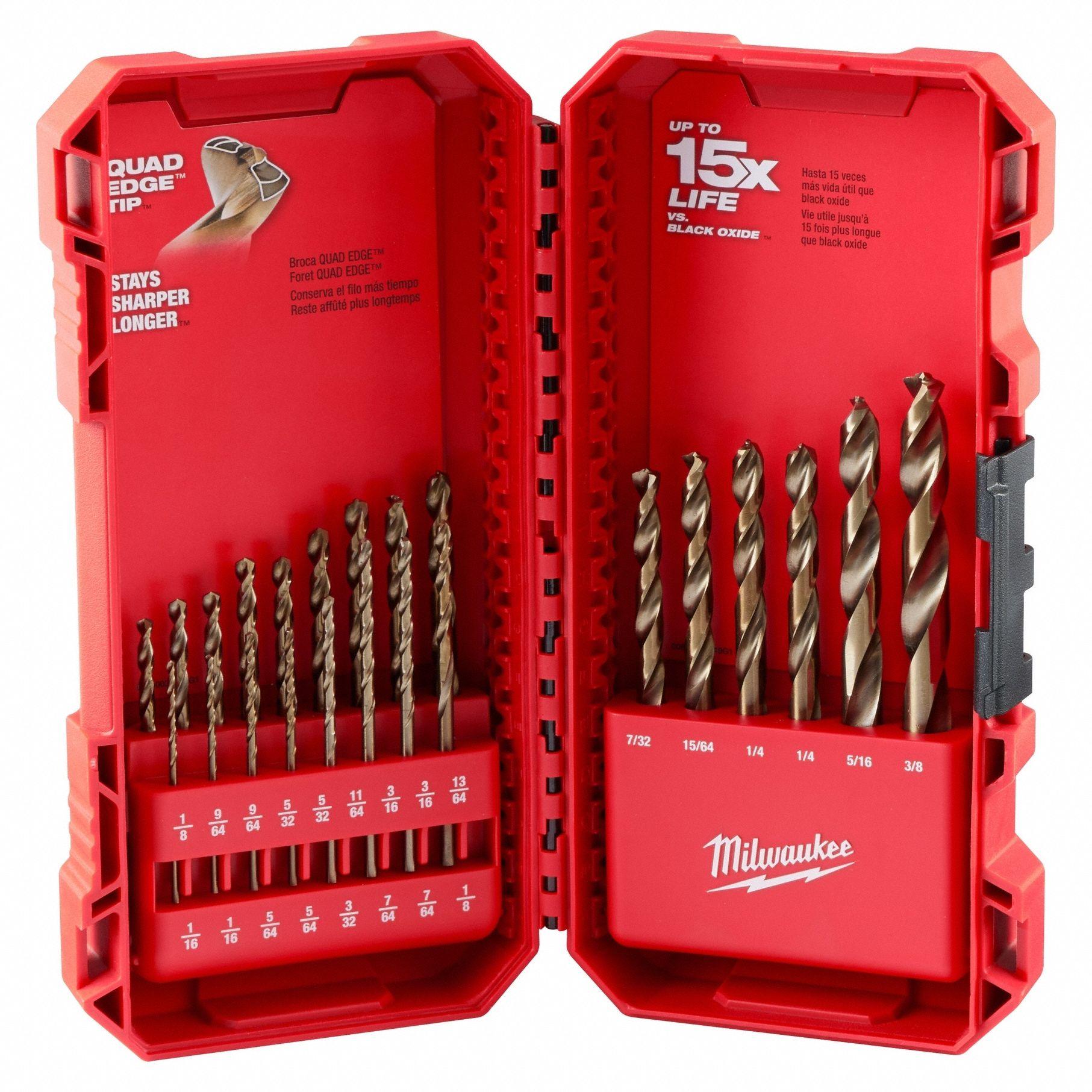 Jobber Length Drill Bit Set: 23 Pc, 1/16" to 3/8", 135° Point, Cobalt, 3-Flats Shank