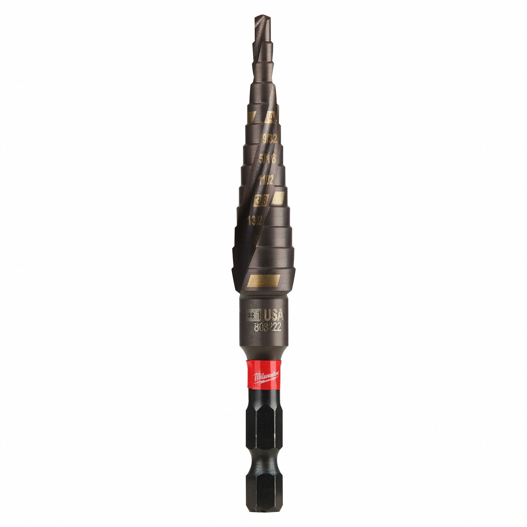 Step Drill Bit: 1/8" to 1/2", TiAlN-Coated HSS, Impact Rated, Quick-Change Hex Shank