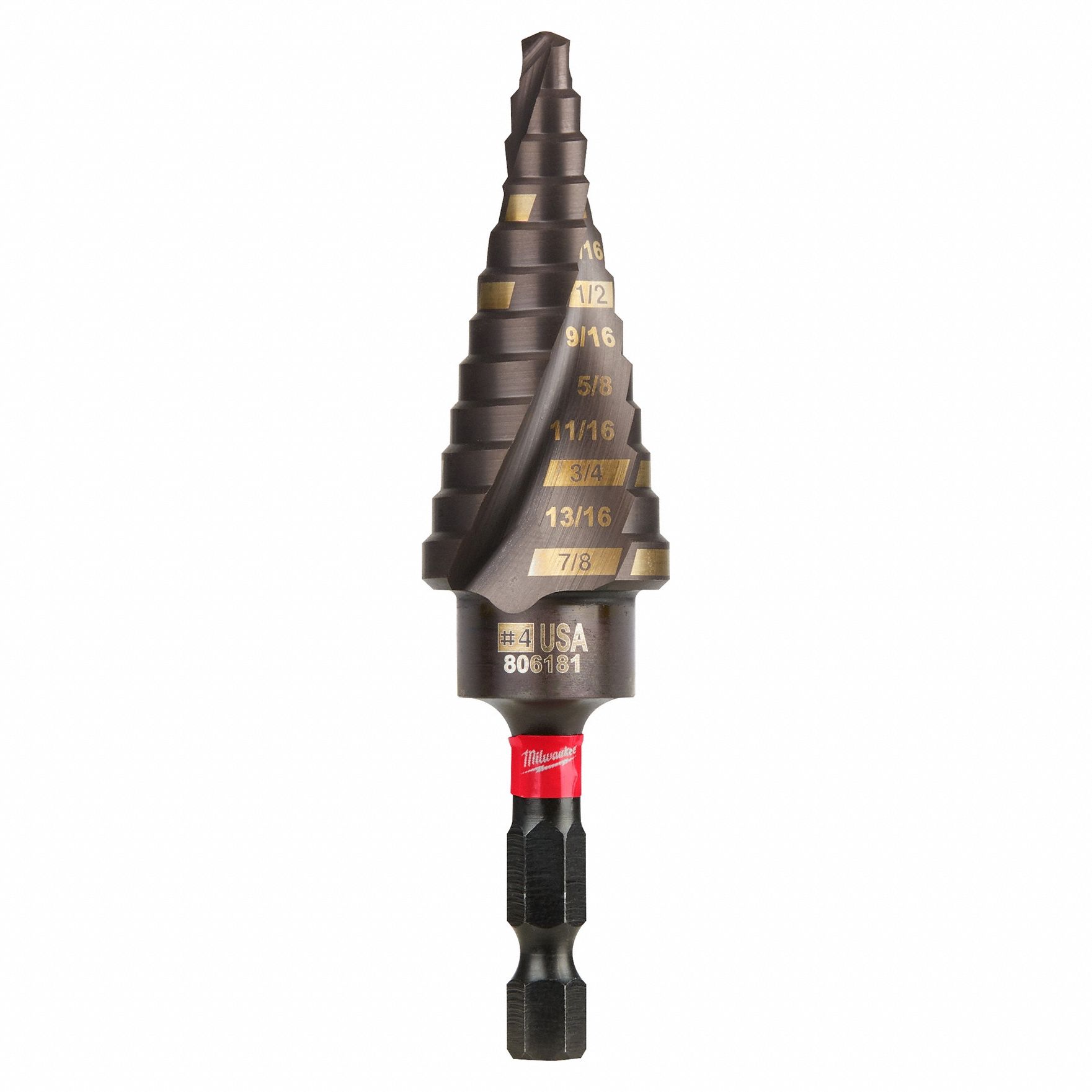Step Drill Bit: 3/16" to 7/8", TiAlN-Coated HSS, Impact Rated, Quick-Change Hex Shank