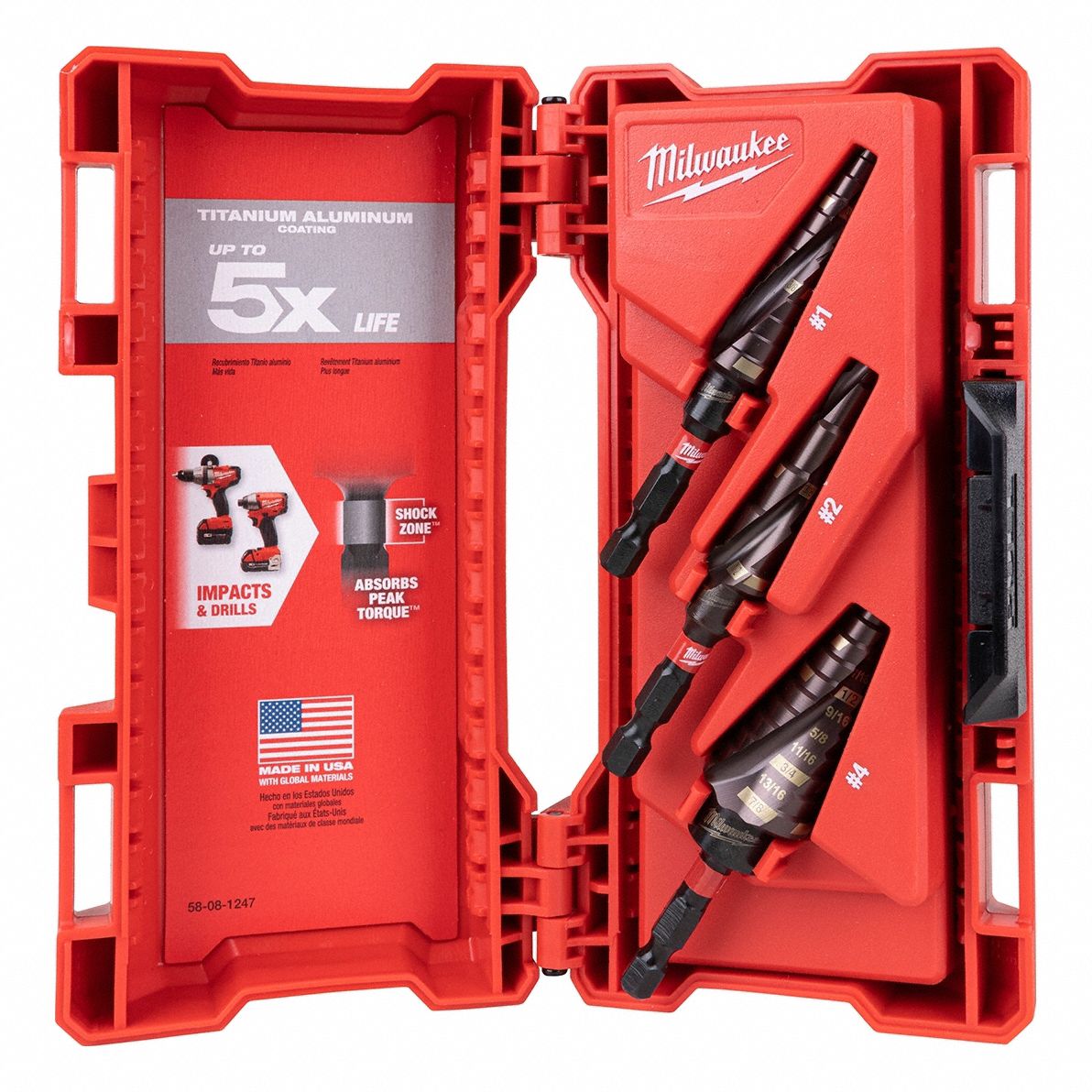 MILWAUKEE Step Drill Bit Set: 27 Hole Sizes, 1/8 in to 1 1/8 in, 1/16 in  Step Increments, Hex Shank