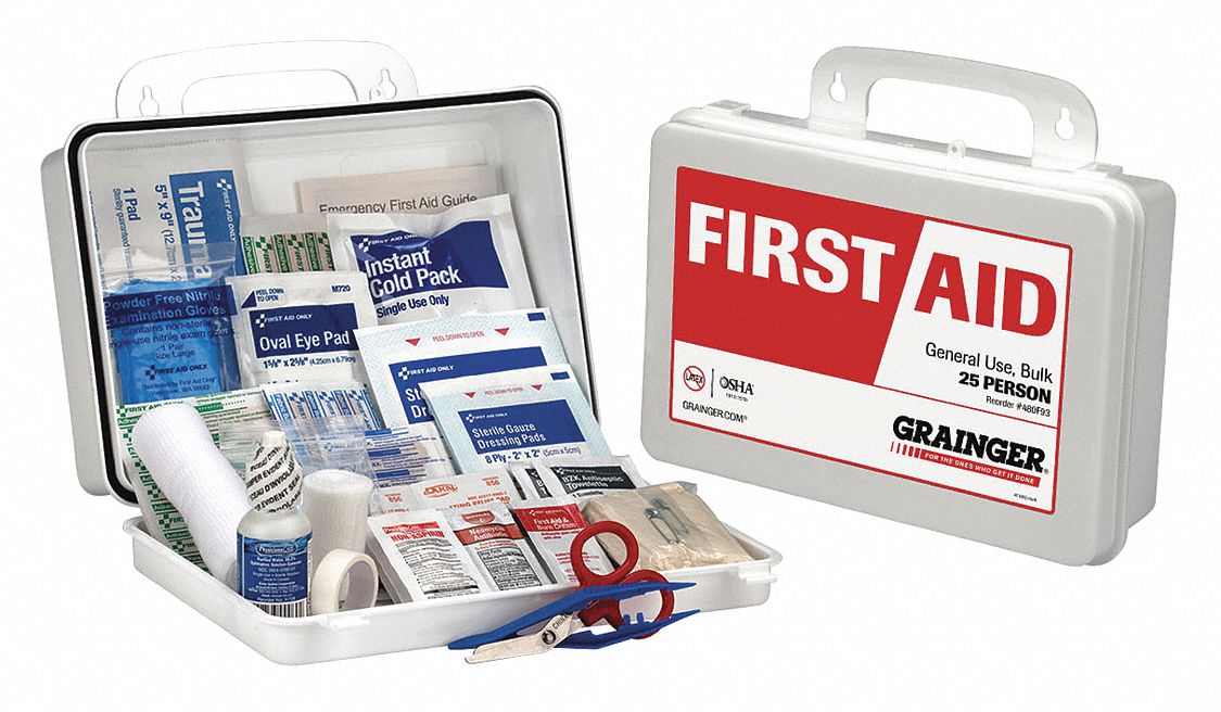 First Aid Kit and Housing: Gen Purpose, 25 People Served, 70 Components, Plastic