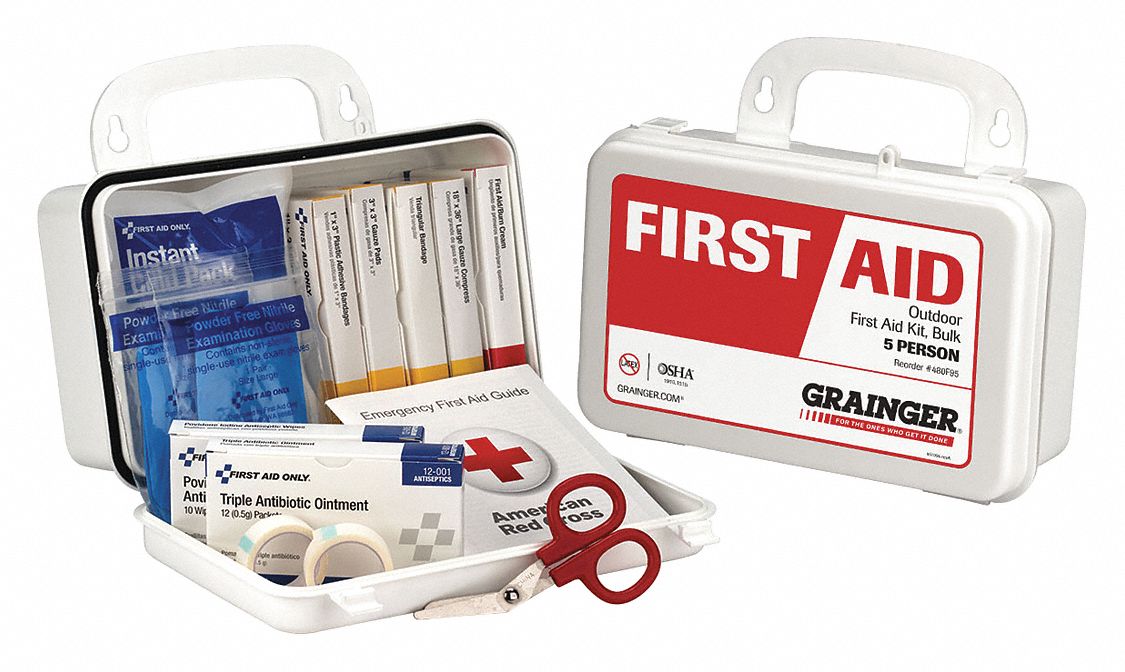 GRAINGER APPROVED First Aid Kit, Kit, Plastic, Industrial, 5 People Served per Kit 480F95