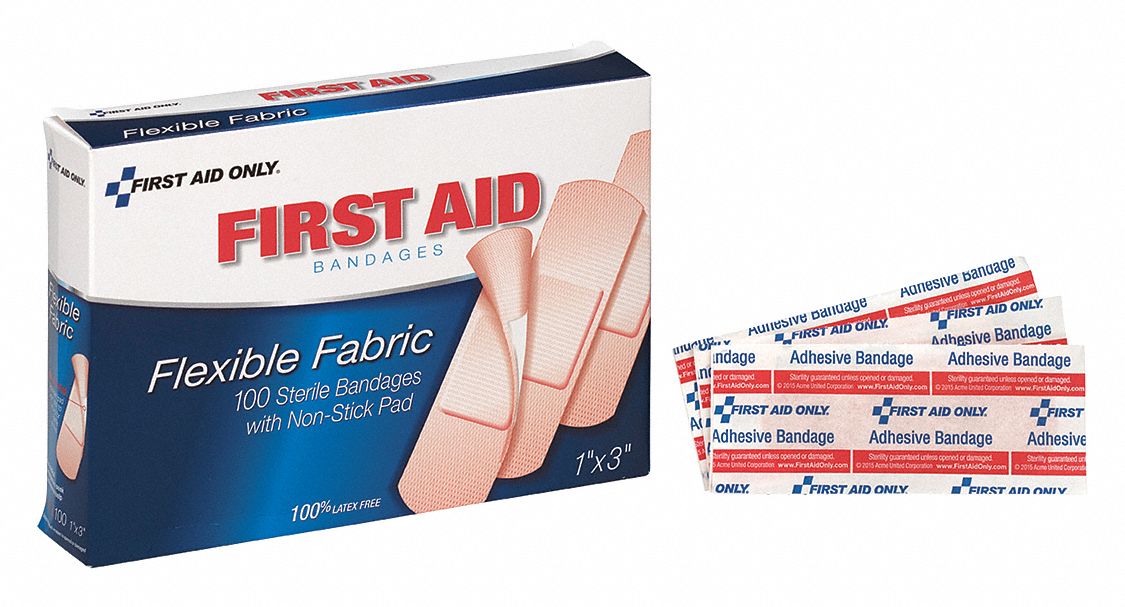 Adhesive Bandage: Strip Bandages, 1 in Wd, 3 in Lg, Not Metal Detectable, Fabric