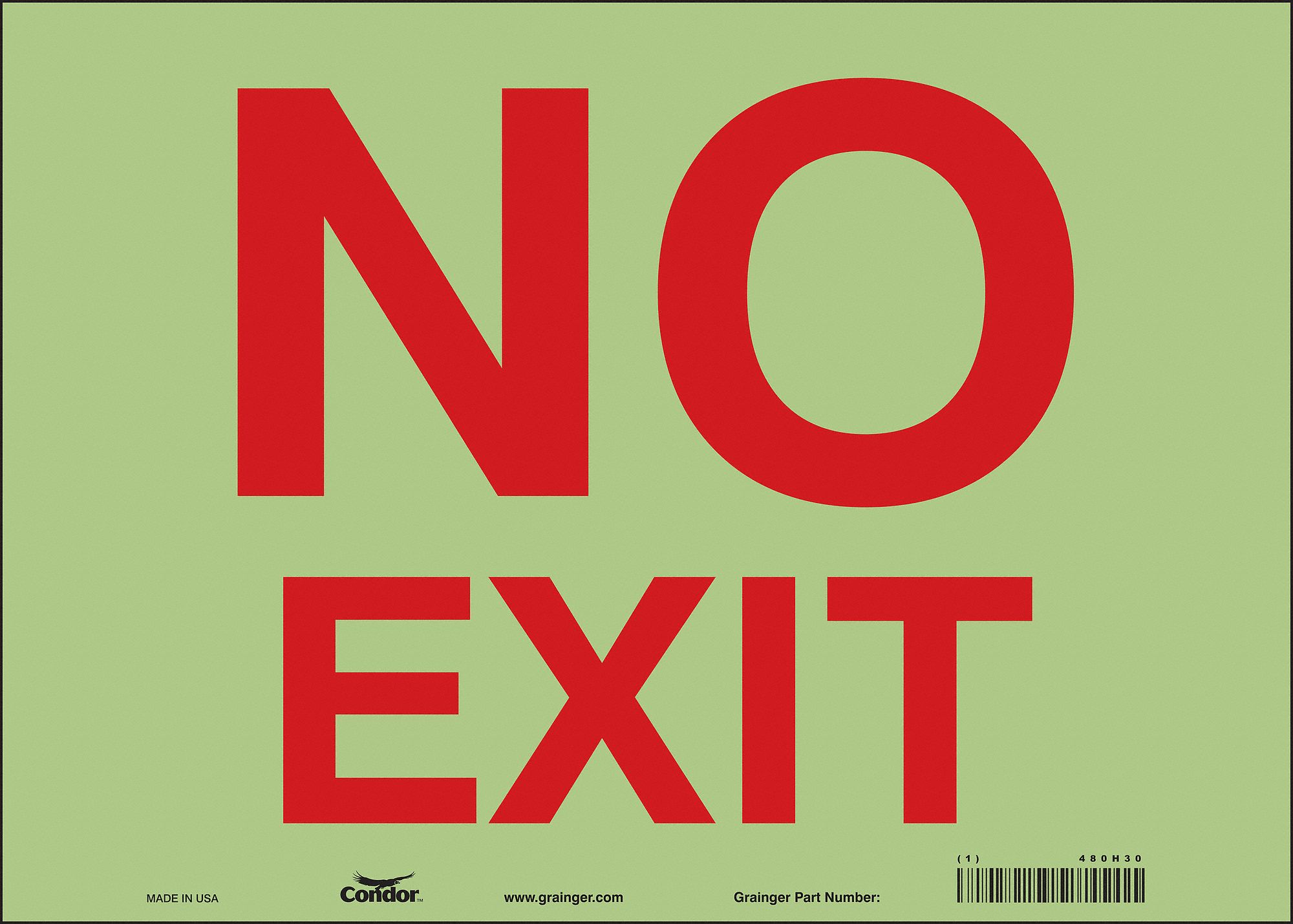 SAFETY SIGN, GLOW VINYL, ADHESIVE MOUNT, 10 IN X 14 IN NOMINAL SIGN SIZE, GLOW IN THE DARK, NO EXIT