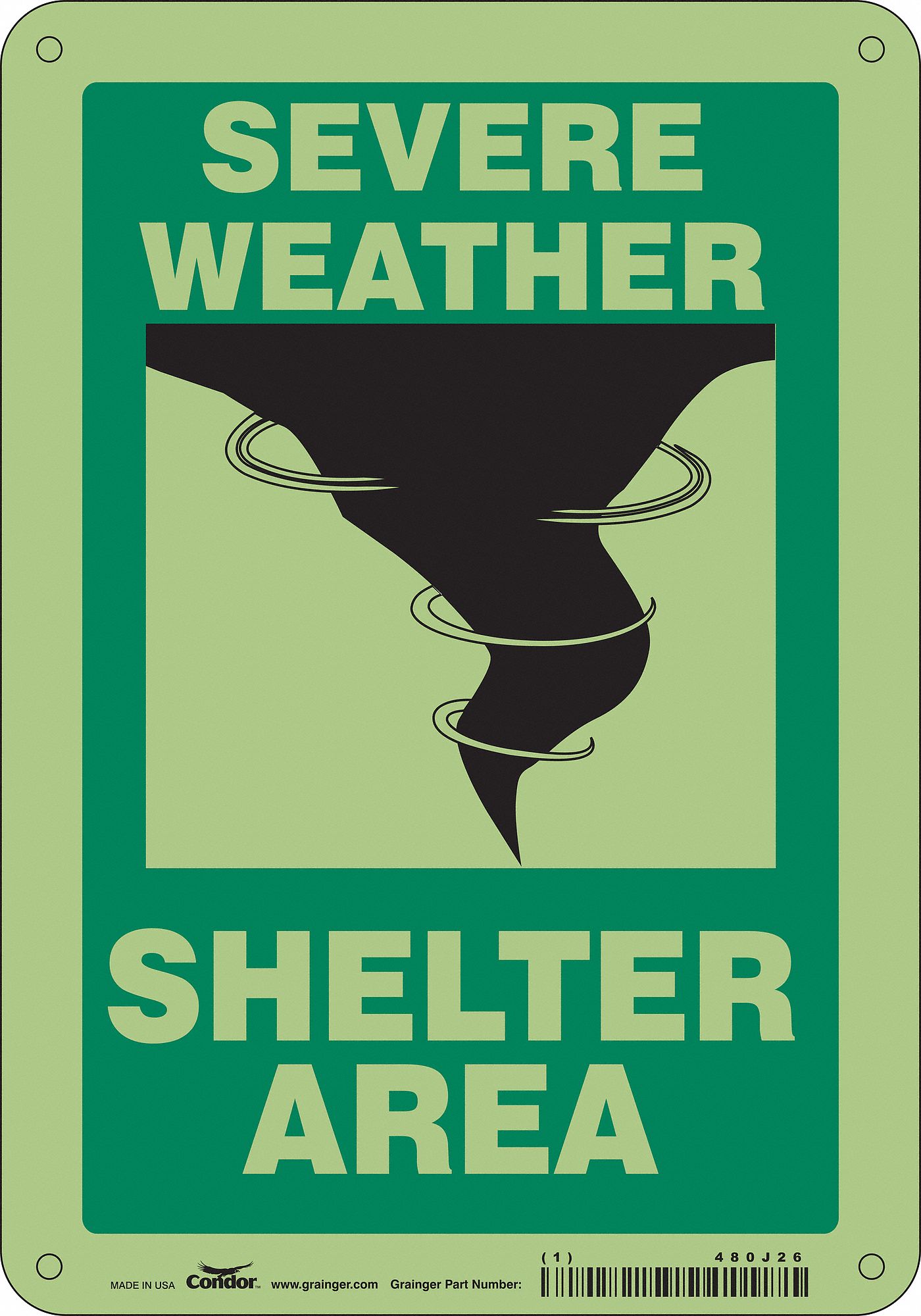 SAFETY SIGN, POLYETHYLENE, MOUNTING HOLES, 10 IN X 7 IN NOMINAL SIGN SIZE, SEVERE WEATHER SHELTER AREA