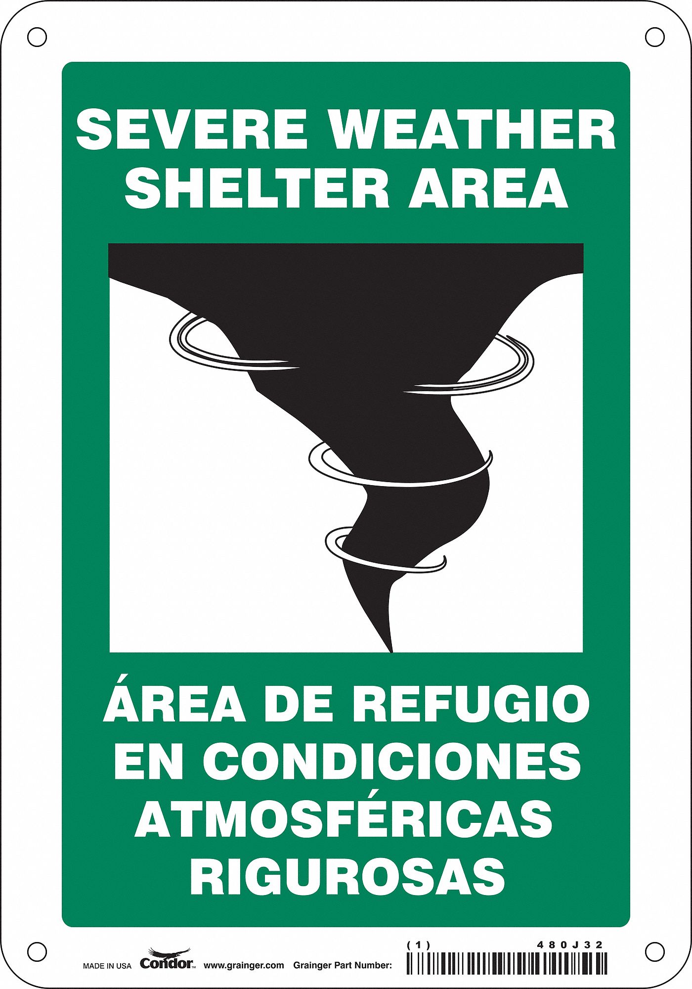 SAFETY SIGN, AL, HOLE MOUNT, 10X7 IN, 0.032 IN THICK, SEVERE WEATHER SHELTER AREA/AREA DE REFUGIO EN CONDICIONES ATMO...