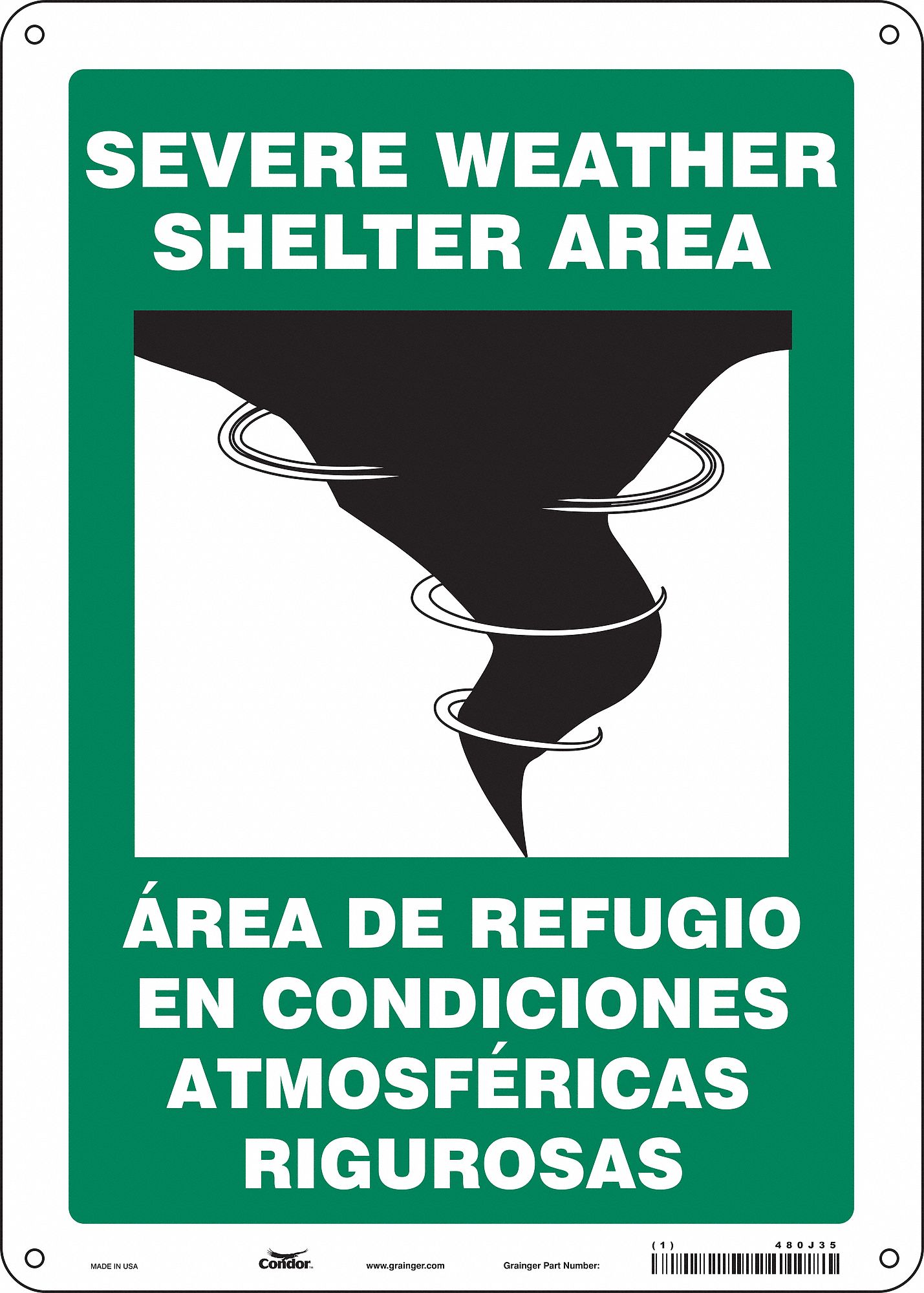 SAFETY SIGN, PE, HOLE MOUNT, 14X10 IN, SEVERE WEATHER SHELTER AREA/AREA DE REFUGIO EN CONDICIONES ATMOSFERICAS RIGUROSAS