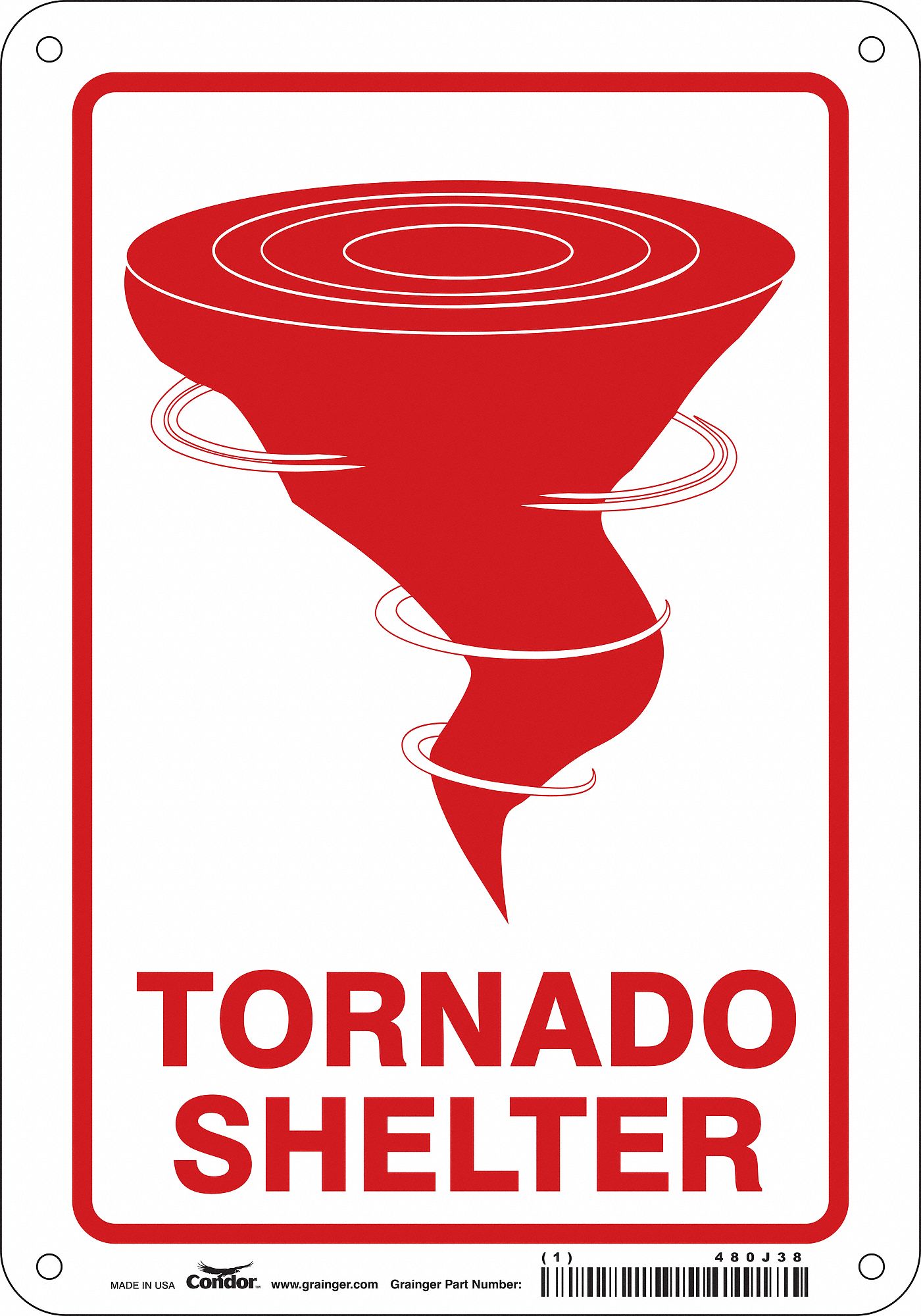 SAFETY SIGN, ALUMINUM, MOUNTING HOLES, 10 IN X 7 IN NOMINAL SIGN SIZE, 0.032 IN THICK, TORNADO SHELTER