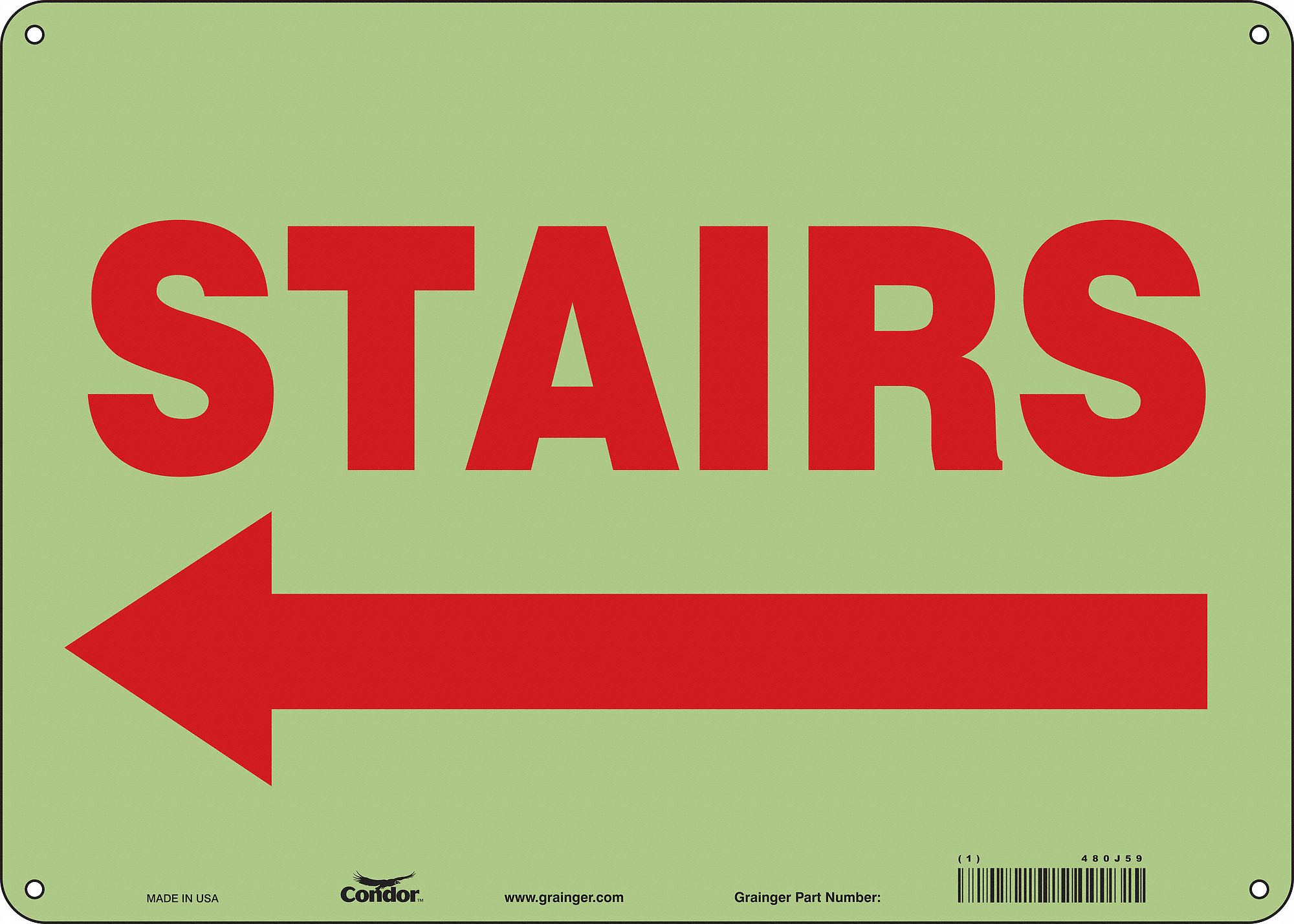 SAFETY SIGN, POLYETHYLENE, MOUNTING HOLES, 10 IN X 14 IN NOMINAL SIGN SIZE, STAIRS (ARROW)