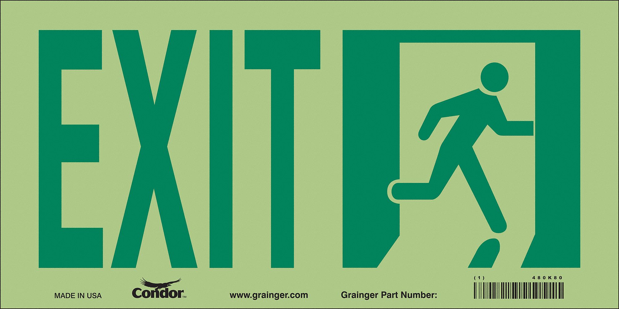 SAFETY SIGN, GLOW VINYL, ADHESIVE MOUNT, 7 IN X 15 IN NOMINAL SIGN SIZE, NOT RETROREFLECTIVE, EXIT