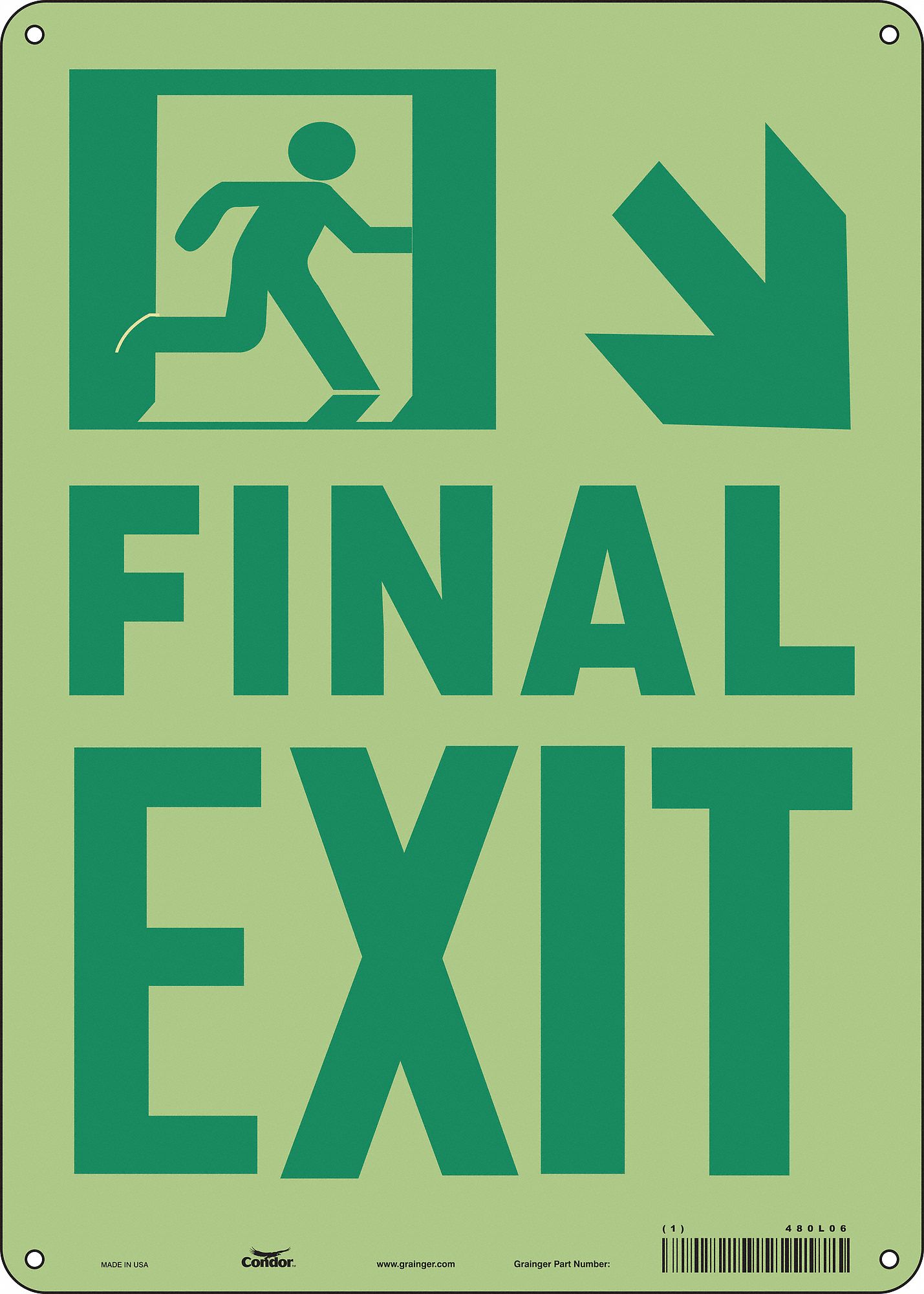 Safety Sign: Polyethylene, Mounting Holes Sign Mounting, 14 in x 10 in Nominal Sign Size, Final Exit