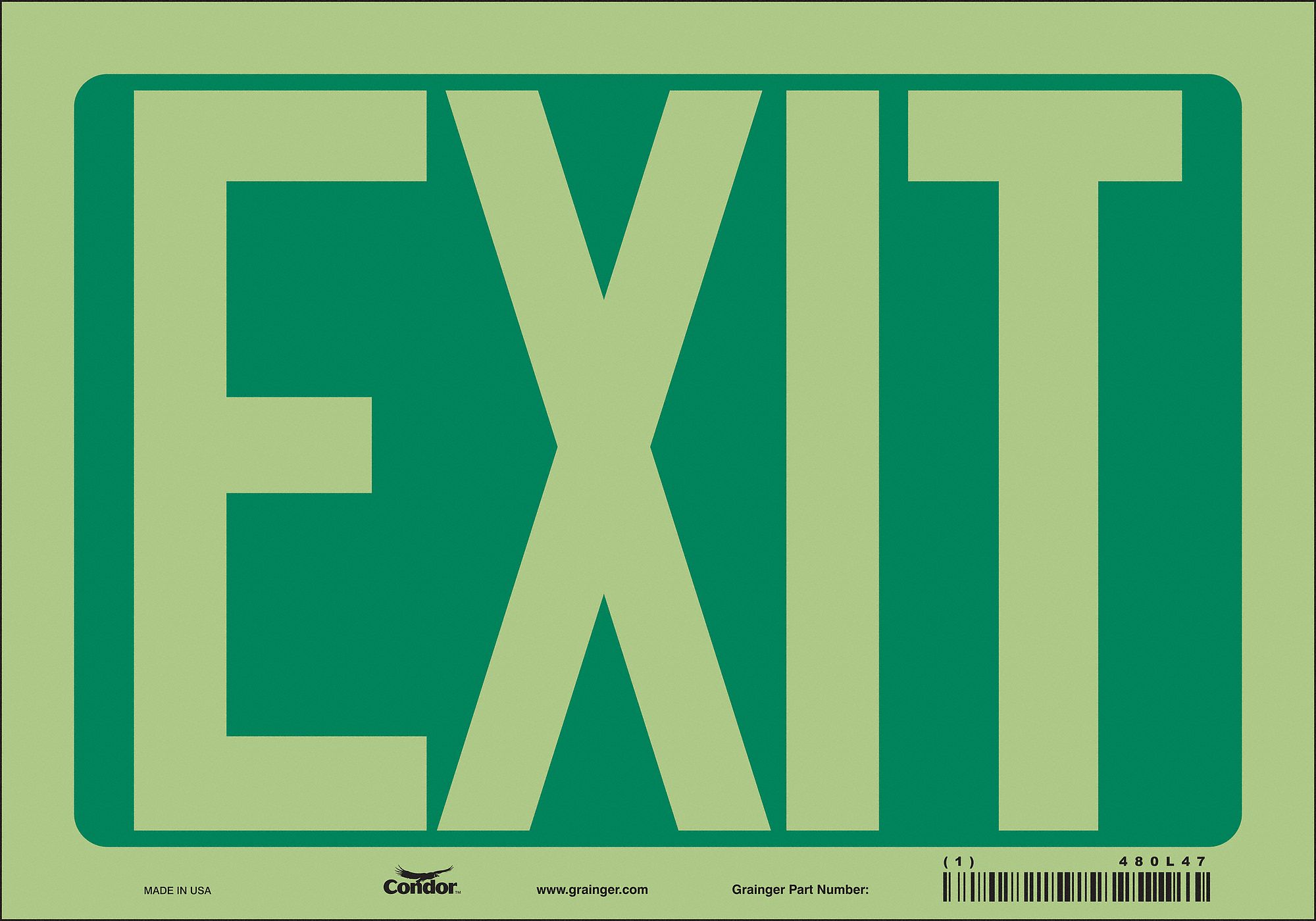 SAFETY SIGN, GLOW VINYL, ADHESIVE MOUNT, 7 IN X 10 IN NOMINAL SIGN SIZE, NOT RETROREFLECTIVE, EXIT
