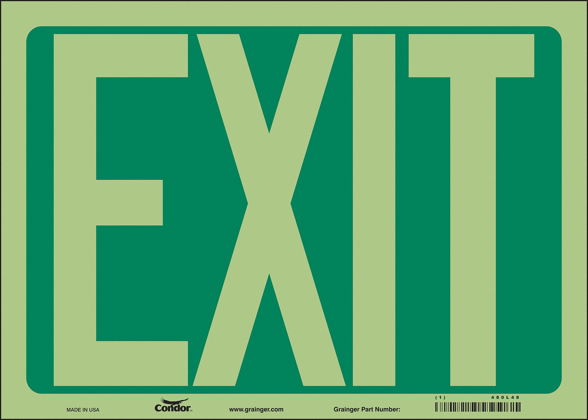 SAFETY SIGN, GLOW VINYL, ADHESIVE MOUNT, 10 IN X 14 IN NOMINAL SIGN SIZE, GLOW IN THE DARK, EXIT