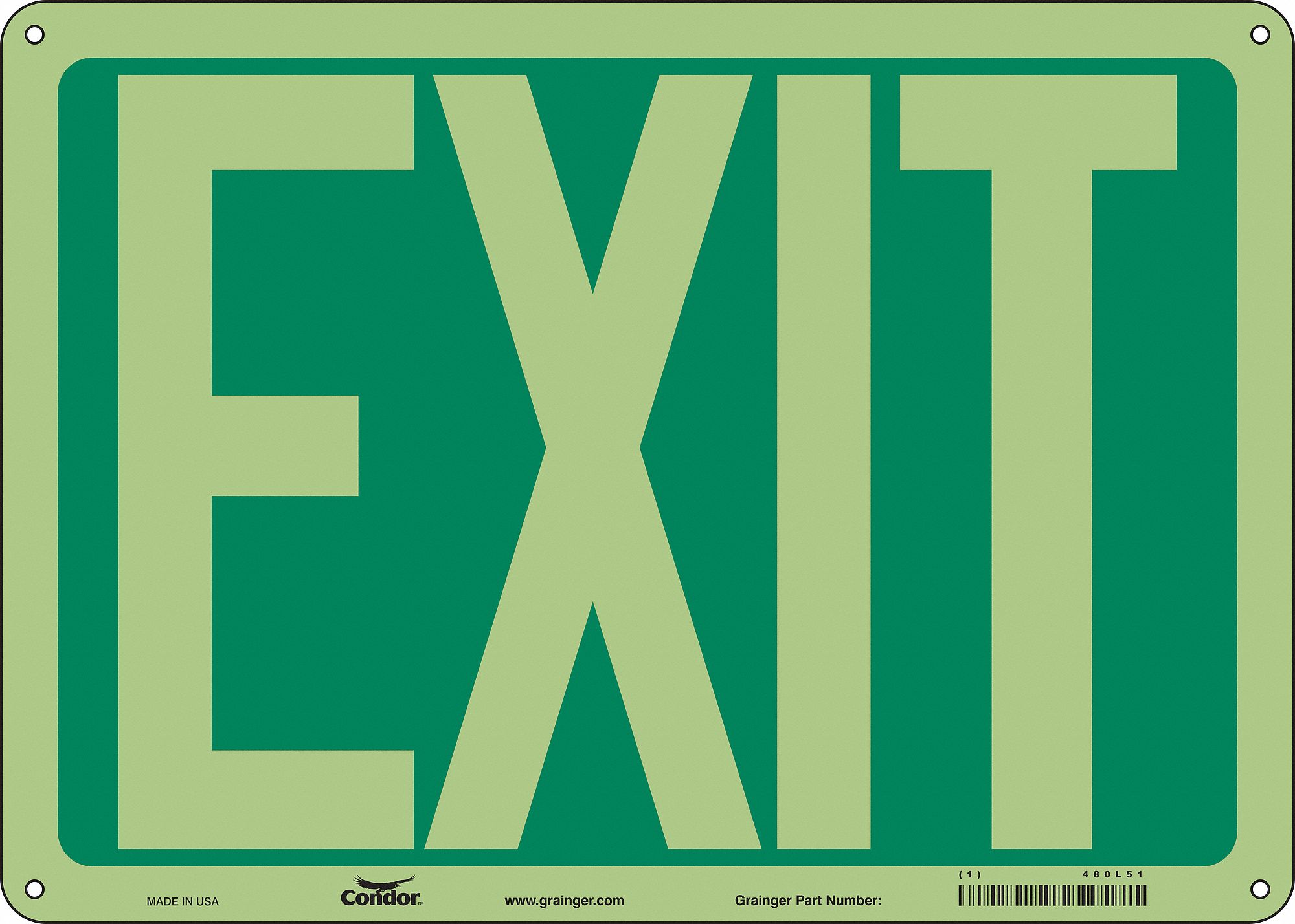 SAFETY SIGN, POLYETHYLENE, MOUNTING HOLES, 10 IN X 14 IN NOMINAL SIGN SIZE, EXIT, EXIT