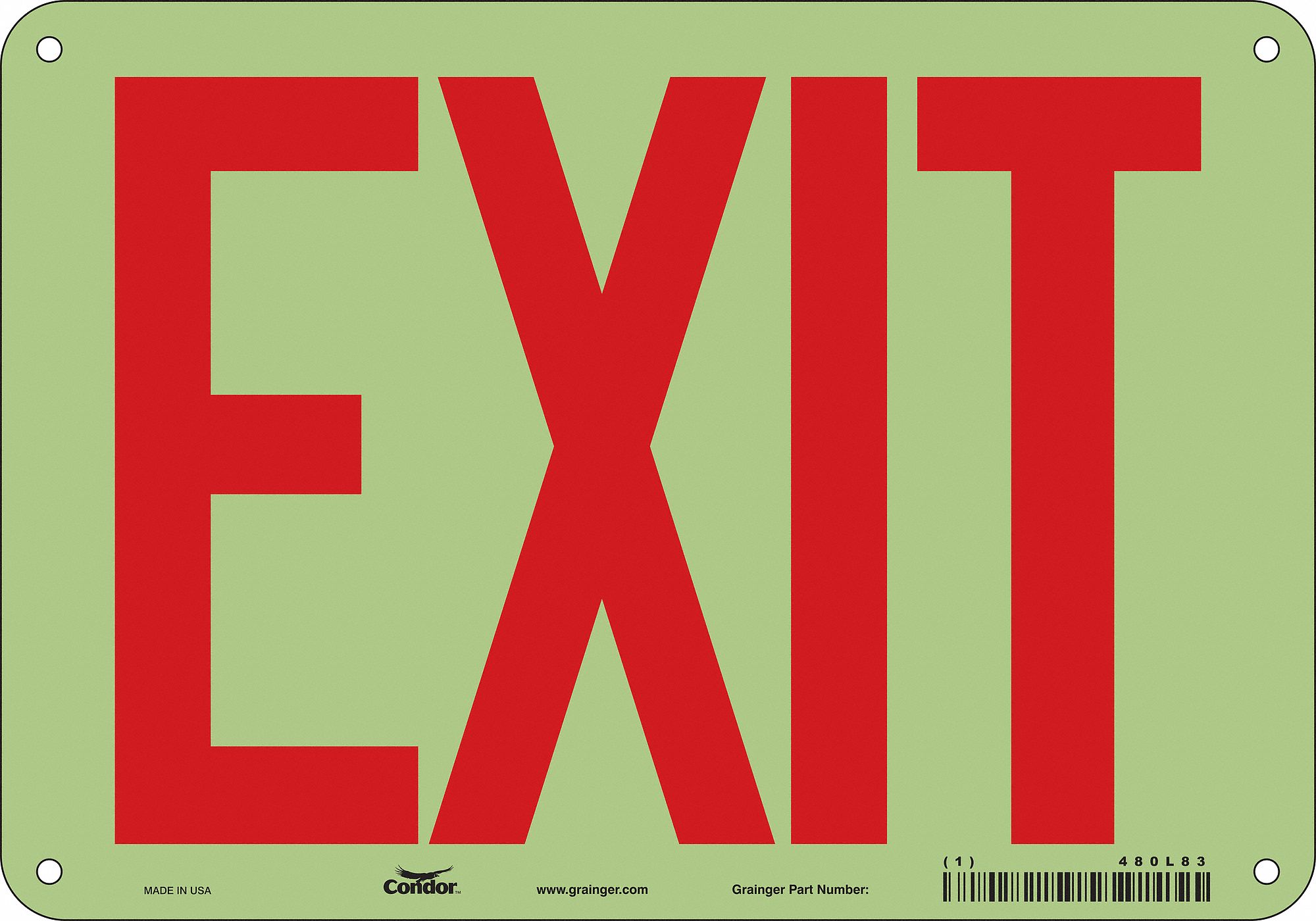 SAFETY SIGN, POLYETHYLENE, MOUNTING HOLES, 7 IN X 10 IN NOMINAL SIGN SIZE, EXIT, EXIT