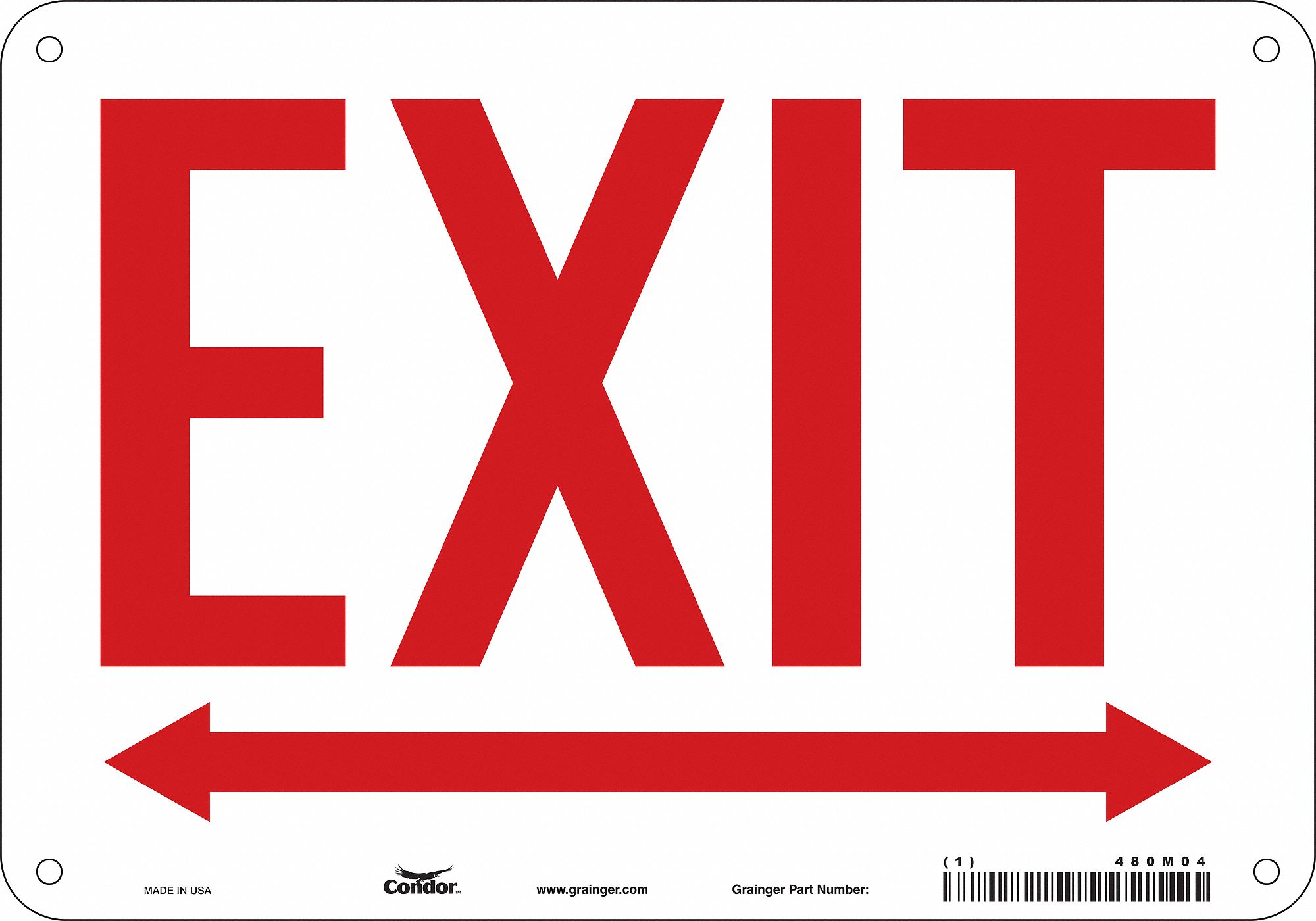 SAFETY SIGN, ALUMINUM, MOUNTING HOLES, 7 IN X 10 IN NOMINAL SIGN SIZE, 0.032 IN THICK, EXIT