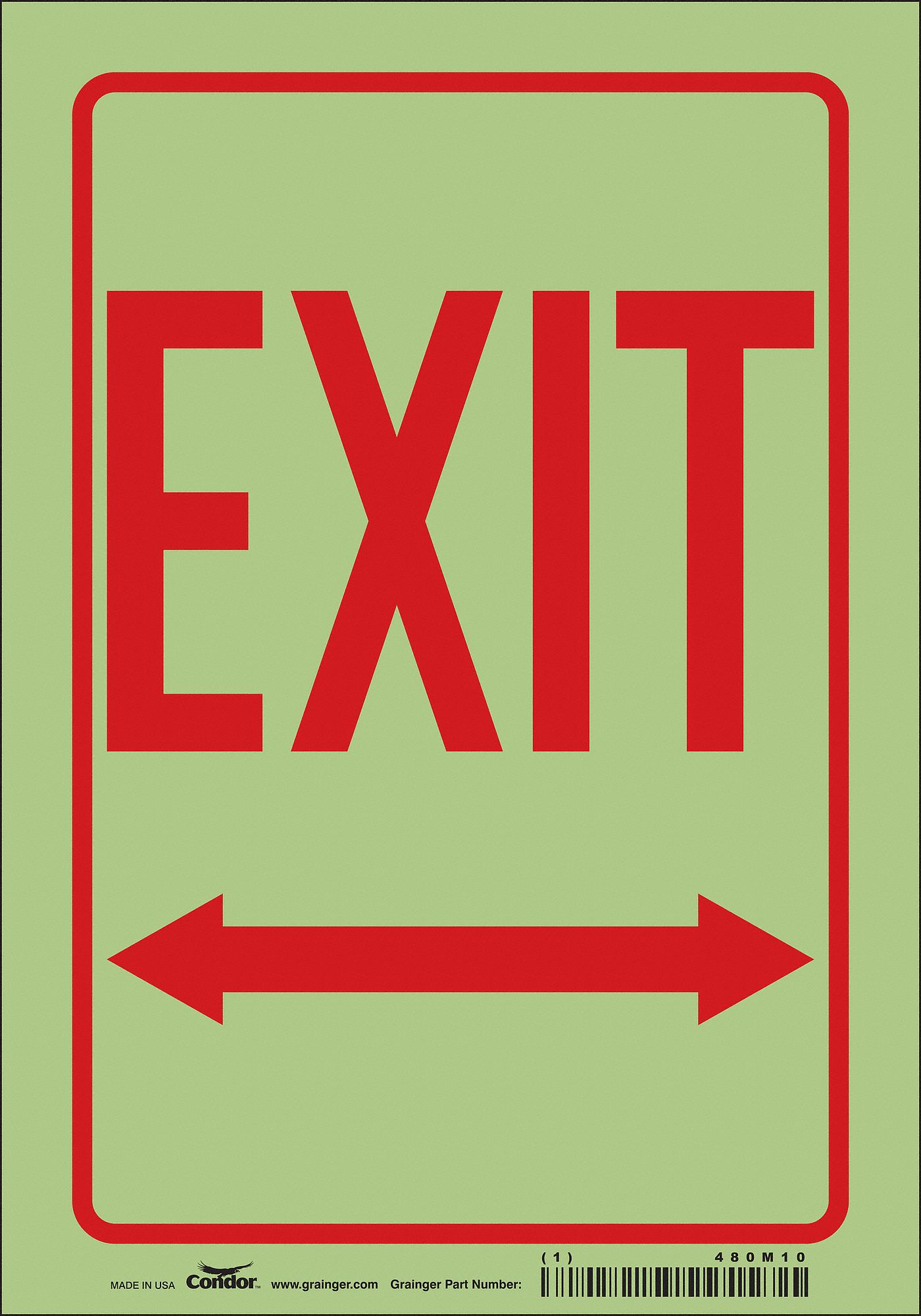 SAFETY SIGN, GLOW VINYL, ADHESIVE MOUNT, 10 IN X 7 IN NOMINAL SIGN SIZE, NOT RETROREFLECTIVE, EXIT