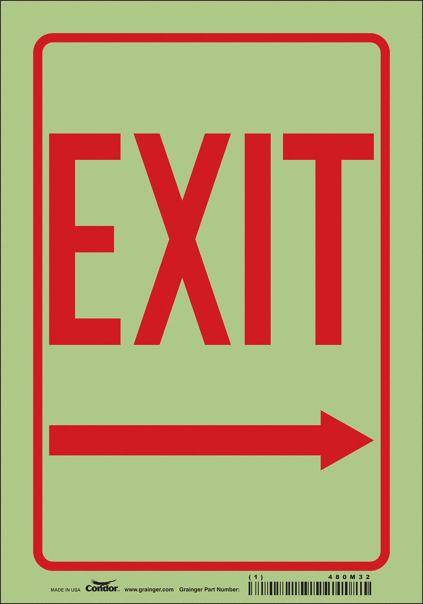 SAFETY SIGN, GLOW VINYL, ADHESIVE MOUNT, 10 IN X 7 IN NOMINAL SIGN SIZE, NOT RETROREFLECTIVE, EXIT