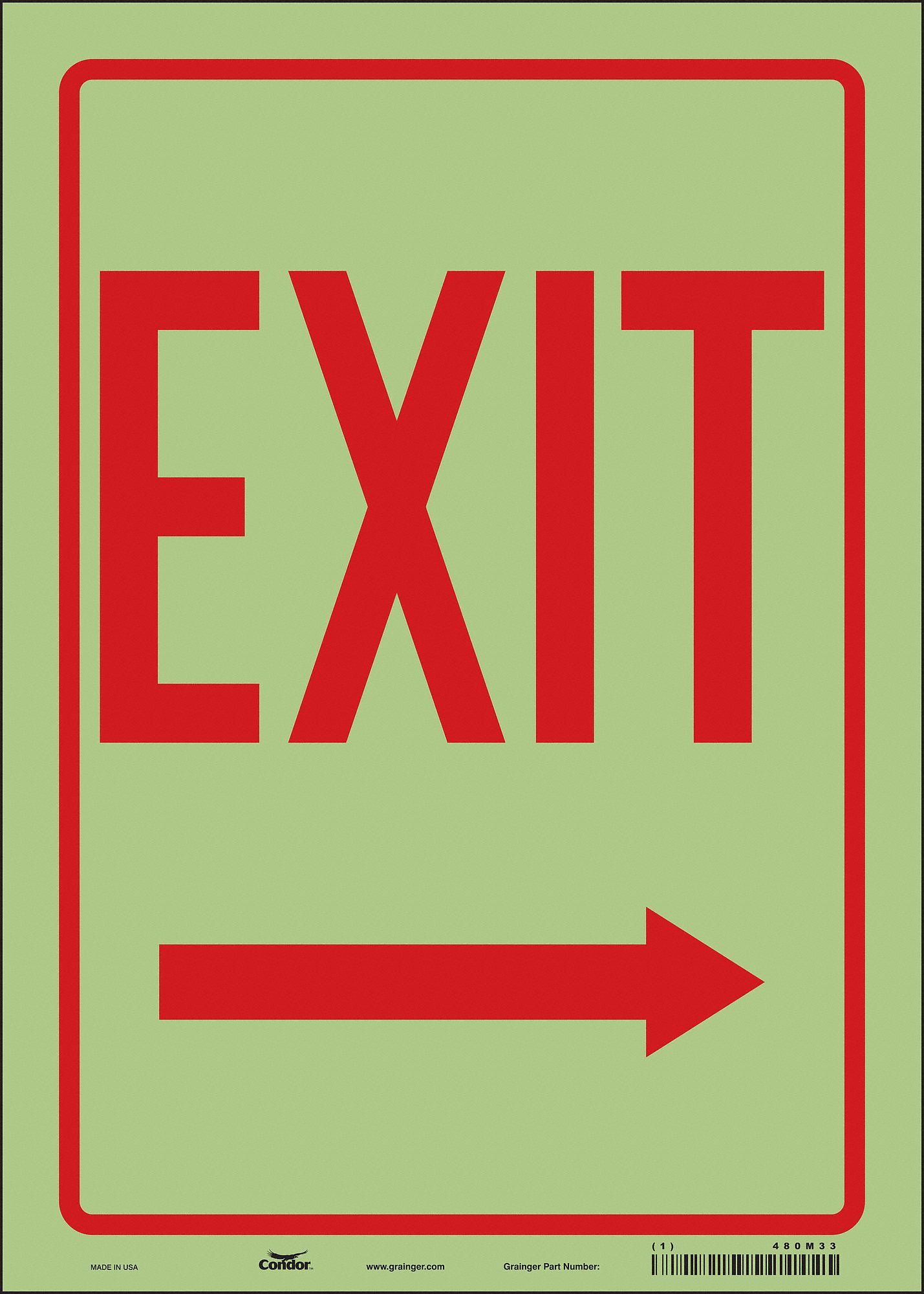 SAFETY SIGN, GLOW VINYL, ADHESIVE MOUNT, 14 IN X 10 IN NOMINAL SIGN SIZE, GLOW IN THE DARK, EXIT