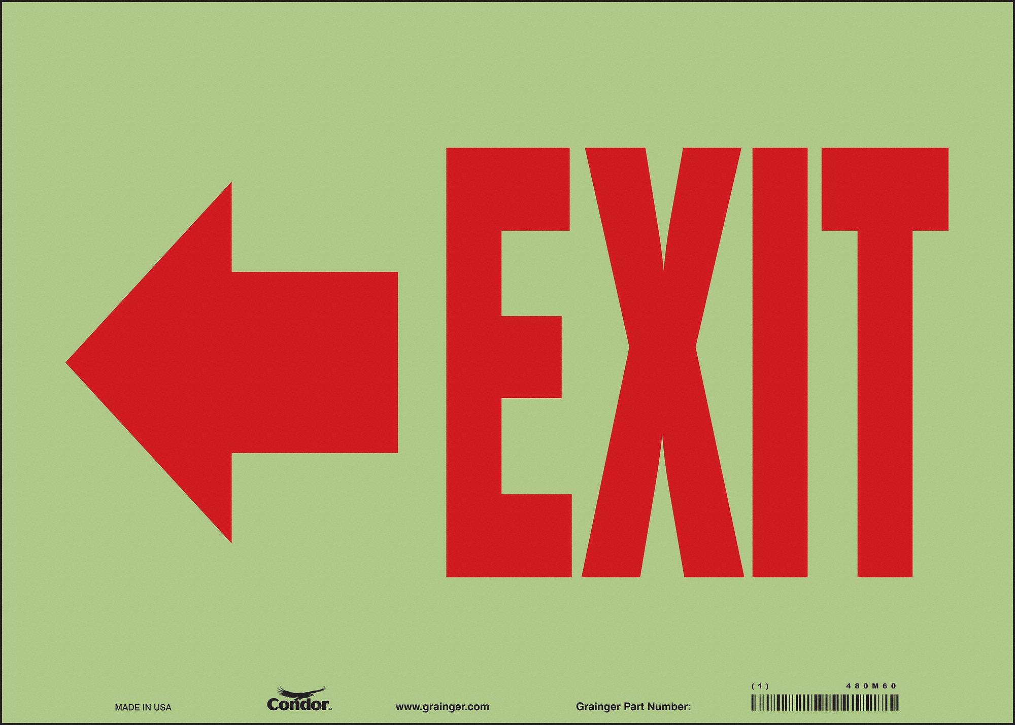 SAFETY SIGN, GLOW VINYL, ADHESIVE MOUNT, 10 IN X 14 IN NOMINAL SIGN SIZE, GLOW IN THE DARK, EXIT