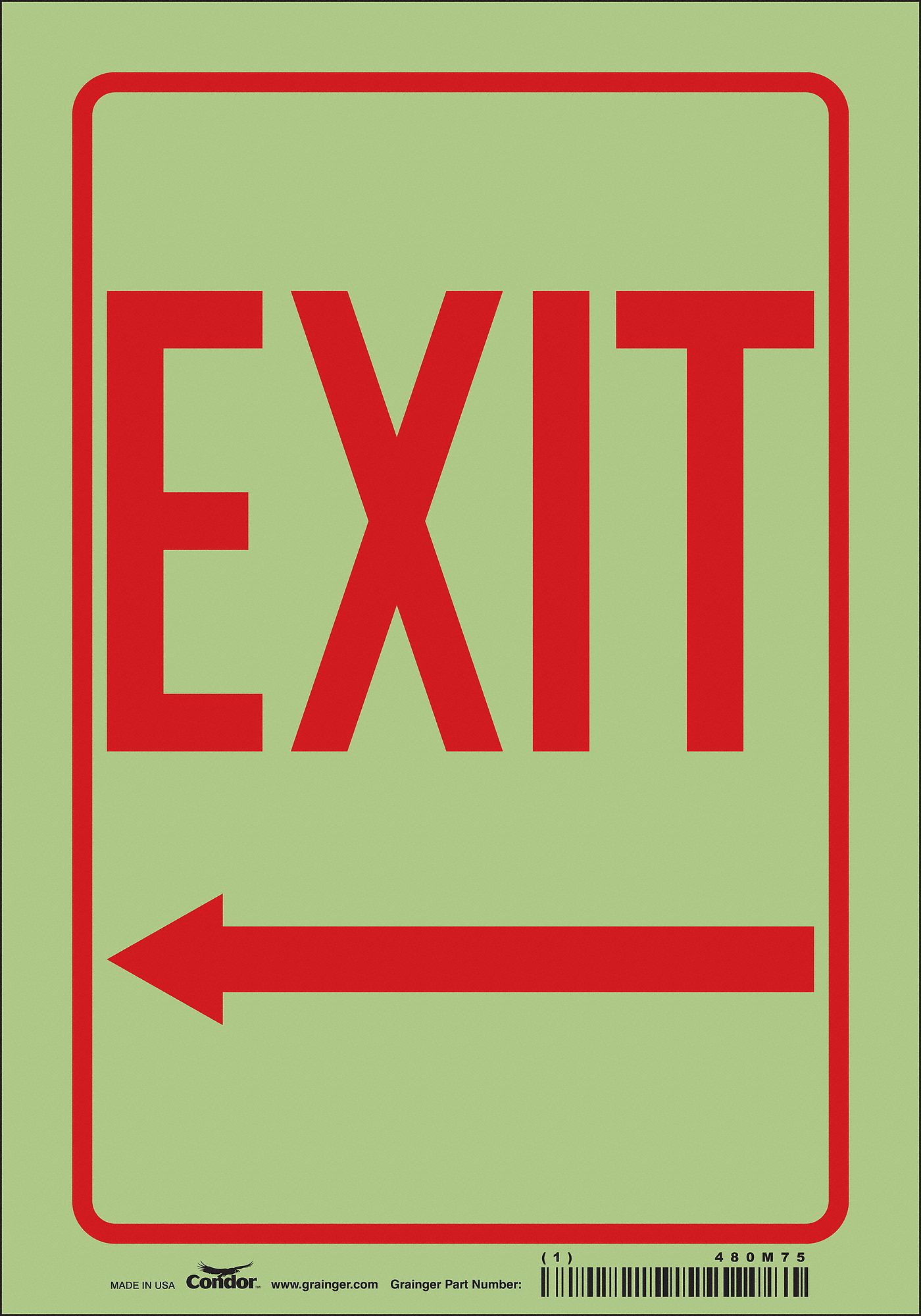 SAFETY SIGN, GLOW VINYL, ADHESIVE MOUNT, 10 IN X 7 IN NOMINAL SIGN SIZE, NOT RETROREFLECTIVE, EXIT