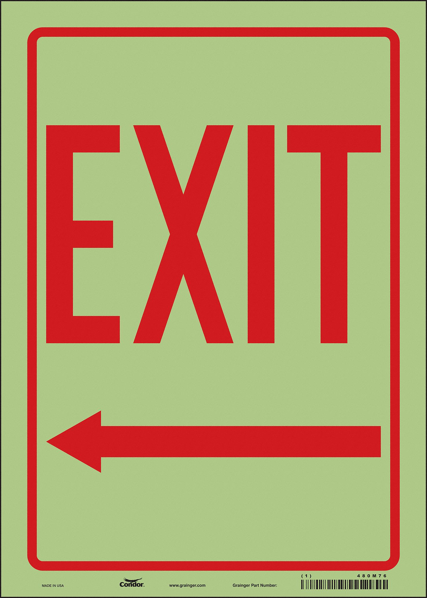 SAFETY SIGN, GLOW VINYL, ADHESIVE MOUNT, 14 IN X 10 IN NOMINAL SIGN SIZE, GLOW IN THE DARK, EXIT