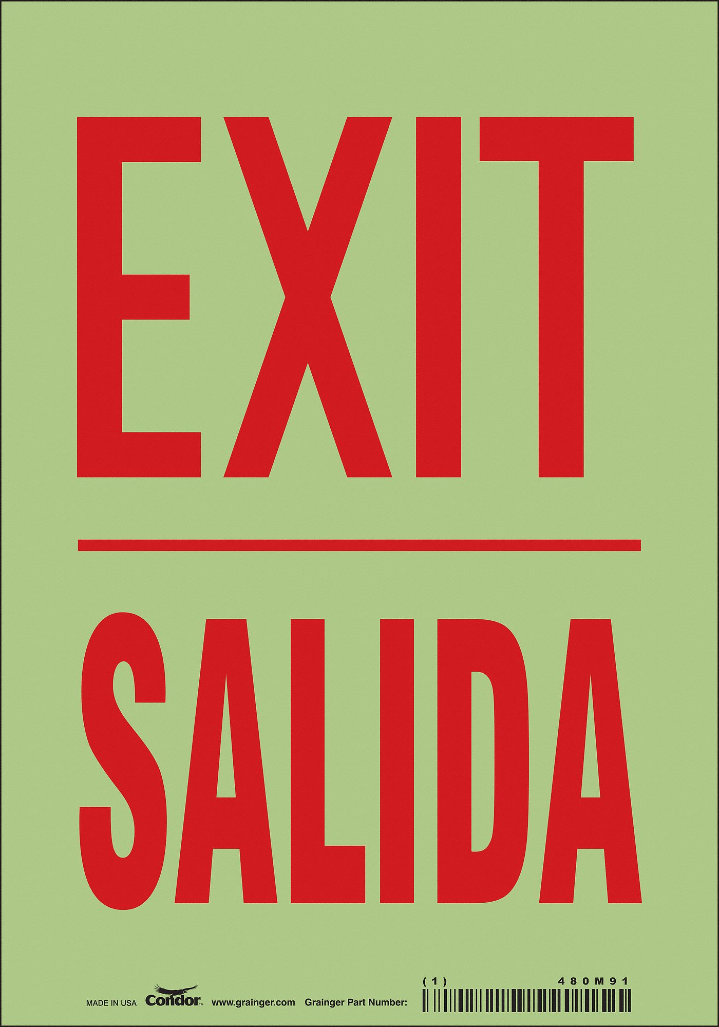 SAFETY SIGN, GLOW VINYL, ADHESIVE MOUNT, 10 IN X 7 IN NOMINAL SIGN SIZE, NOT RETROREFLECTIVE, EXIT/SALIDA
