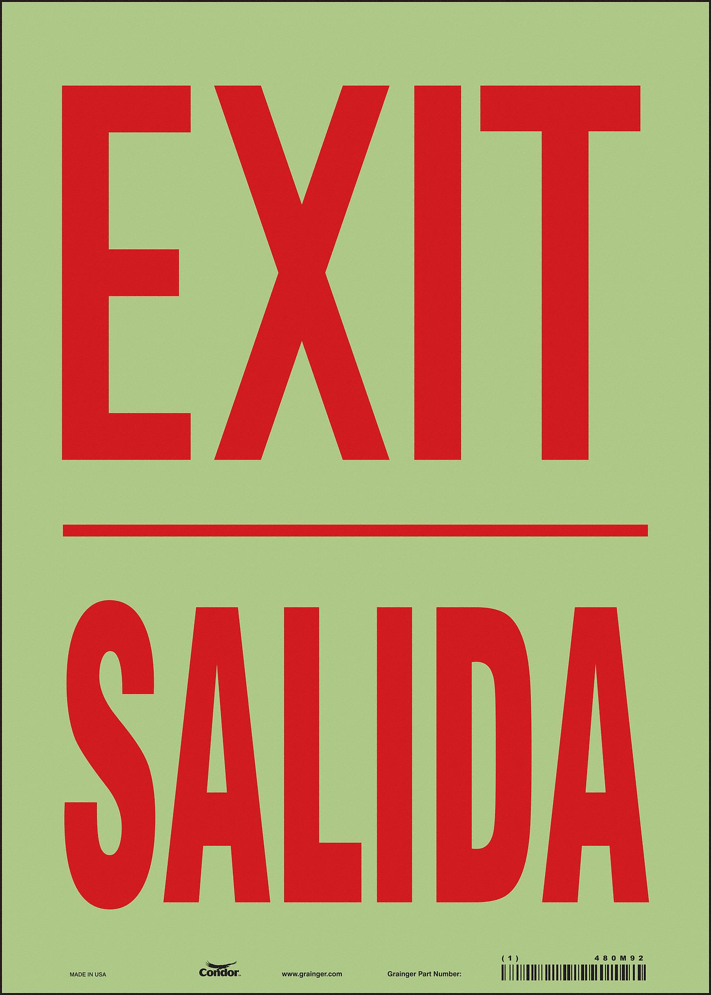 SAFETY SIGN, GLOW VINYL, ADHESIVE MOUNT, 14 IN X 10 IN NOMINAL SIGN SIZE, GLOW IN THE DARK, EXIT/SALIDA
