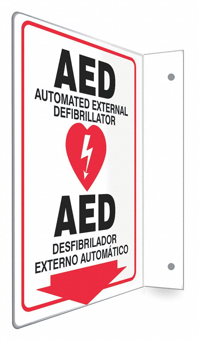 SAFETY SIGN, PETG, HOLE MOUNT, 12X9 IN, NOT RETROREFLECTIVE, AED AUTOMATIC EXTERNAL DEFIBRILLATOR/AED DEFIBRILLATOR A...