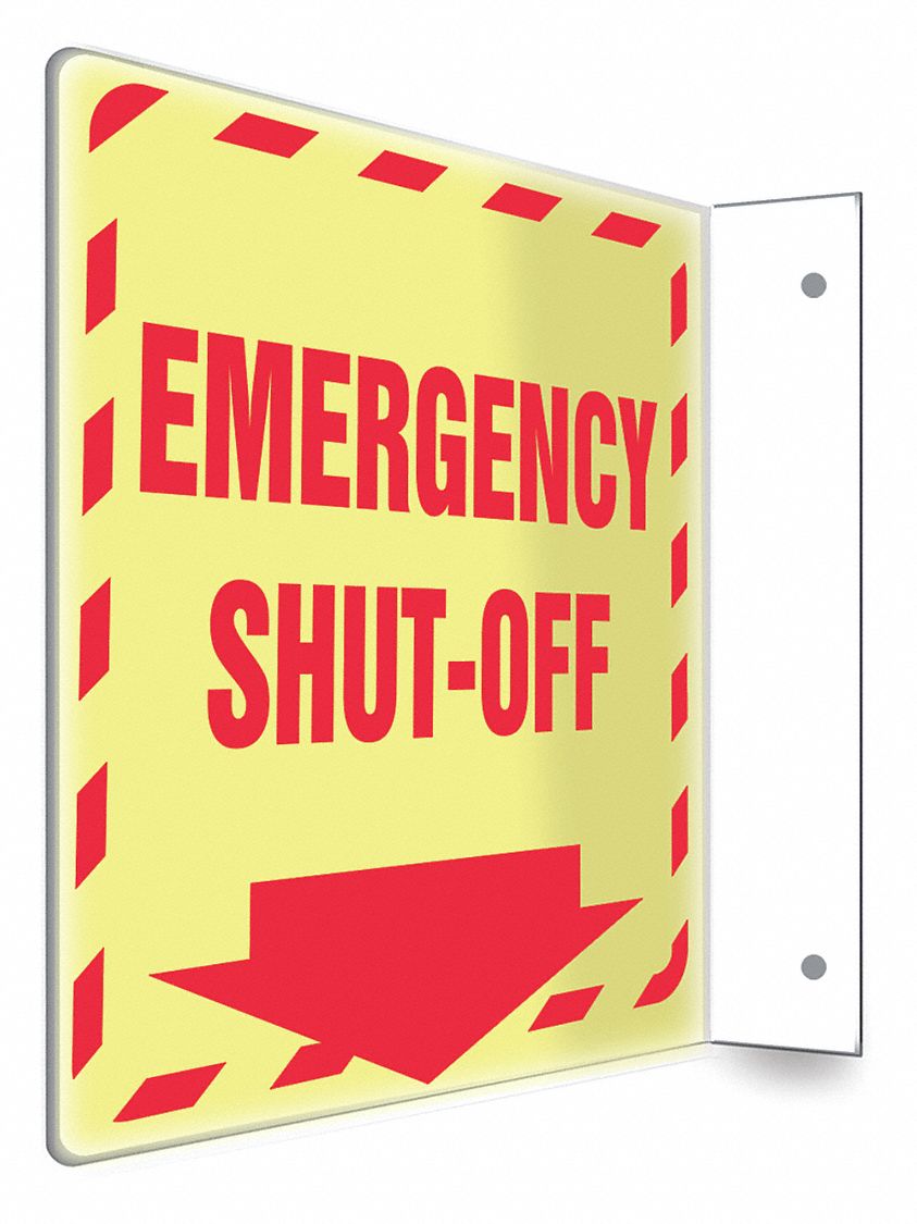 SAFETY SIGN, PETG, MOUNTING HOLES, 8 IN X 8 IN NOMINAL SIGN SIZE, NOT RETROREFLECTIVE, EMERGENCY SHUT-OFF