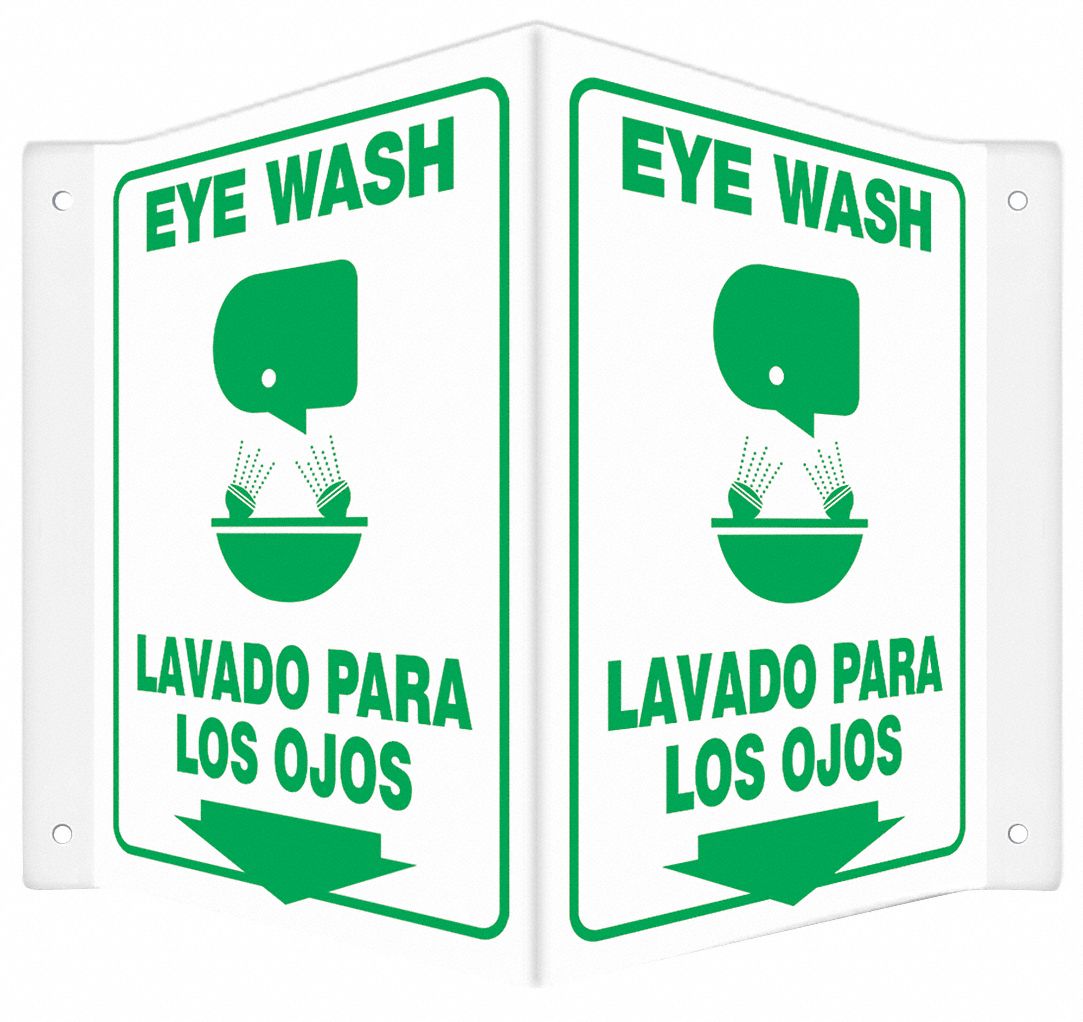 SAFETY SIGN, PETG, MOUNTING HOLES, 12 IN X 14 IN NOMINAL SIGN SIZE, 0.06 IN THICK, EYE WASH/LAVADO PARA LOS OJOS