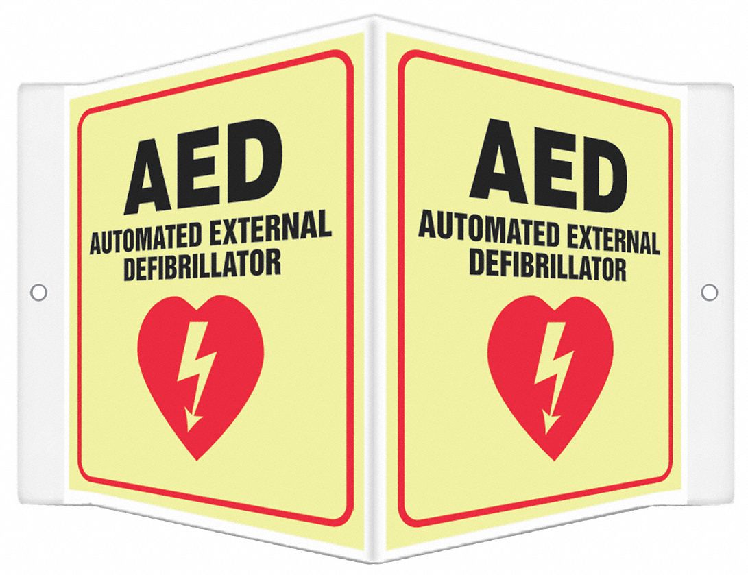 SAFETY SIGN, PETG, MOUNTING HOLES, 6 X 8½ IN NOMINAL SIGN SIZE, GLOW IN THE DARK, AED AUTOMATIC EXTERNAL DEFIBRILLATOR